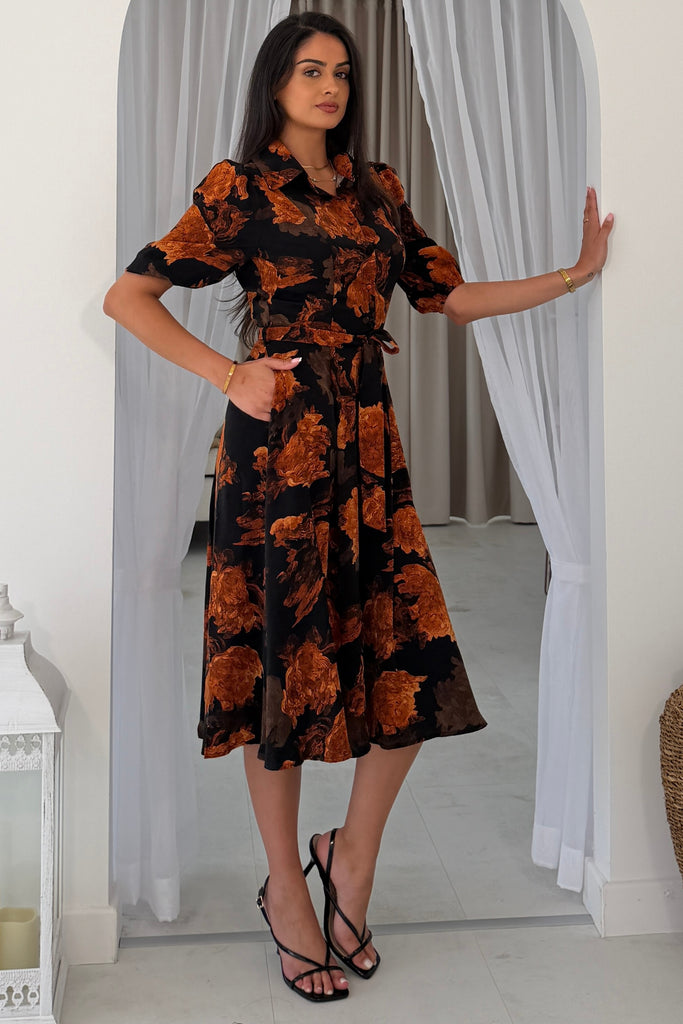 orange and black floral dress Holland Collar Midi – Girl In Mind Full-Sizes-All-Seasons shapes long balloon sleeves Size:Custom Size ( Leave us a note your measurements ) Sleeveless Flowy Silhouette A-line
