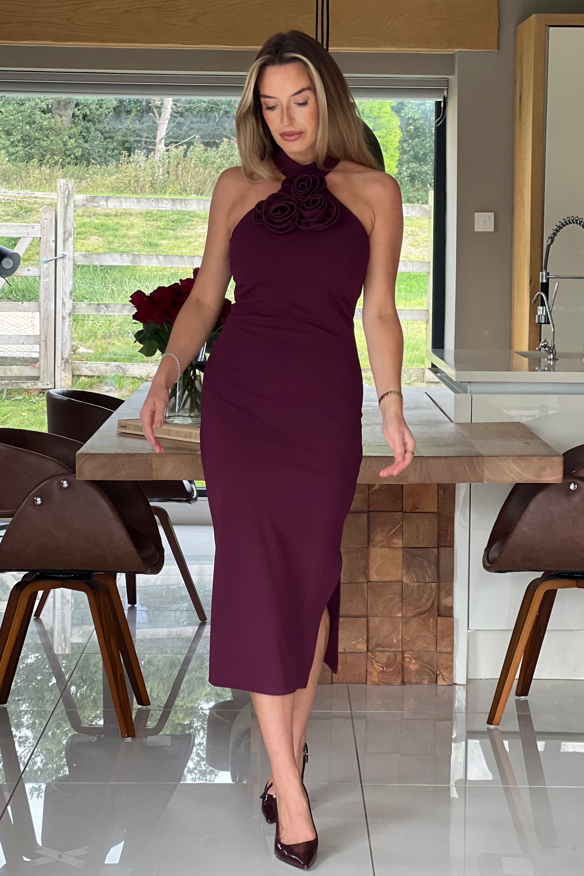Dolly 3D Floral Halterneck Midi Dress Plum