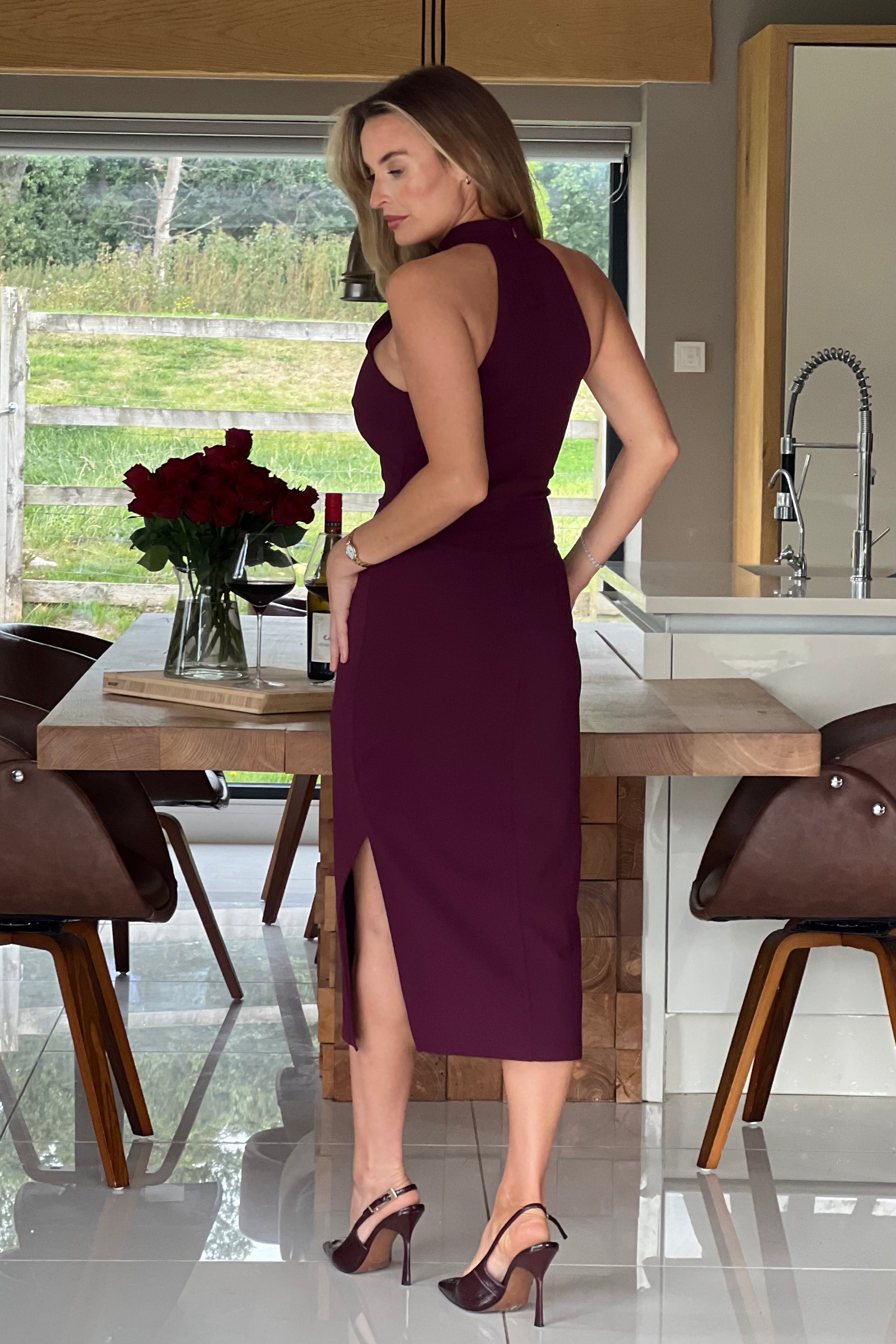 Dolly 3D Floral Halterneck Midi Dress Plum