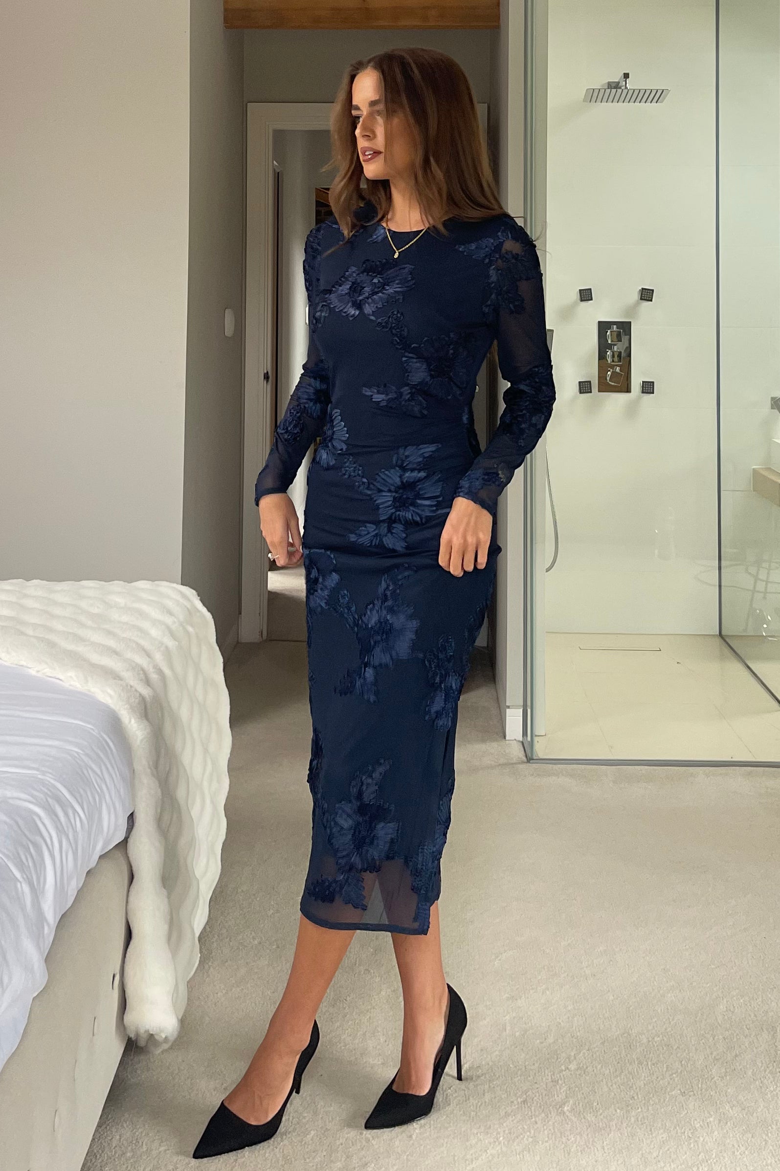 Elodie Floral Embroidered Mesh Bodycon Dress Navy
