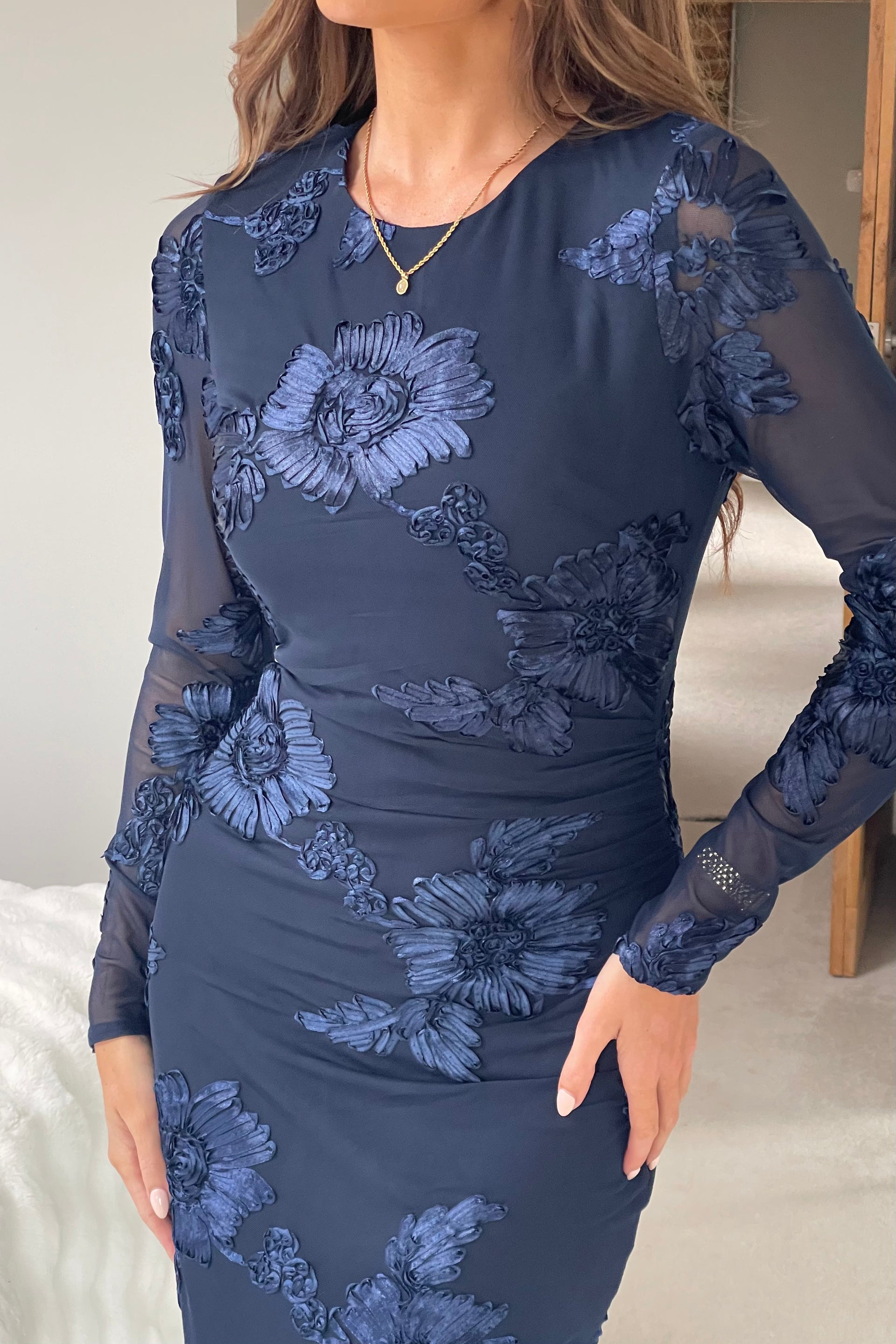 Elodie Floral Embroidered Mesh Bodycon Dress Navy
