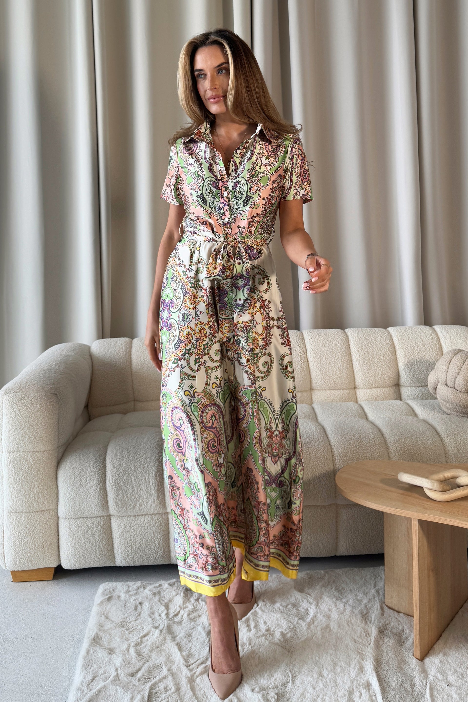 Aurora Maxi Border Print Shirt Dress Peach