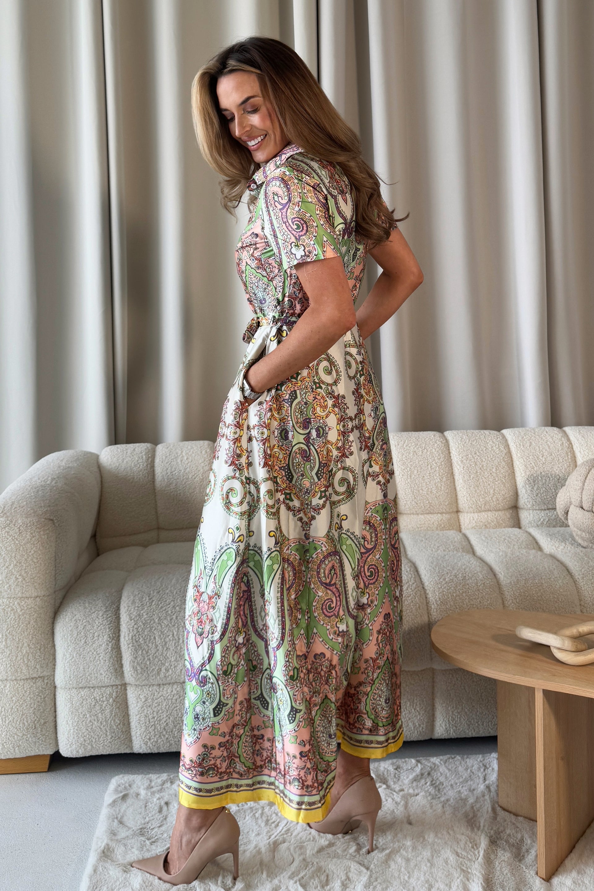 Aurora Maxi Border Print Shirt Dress Peach