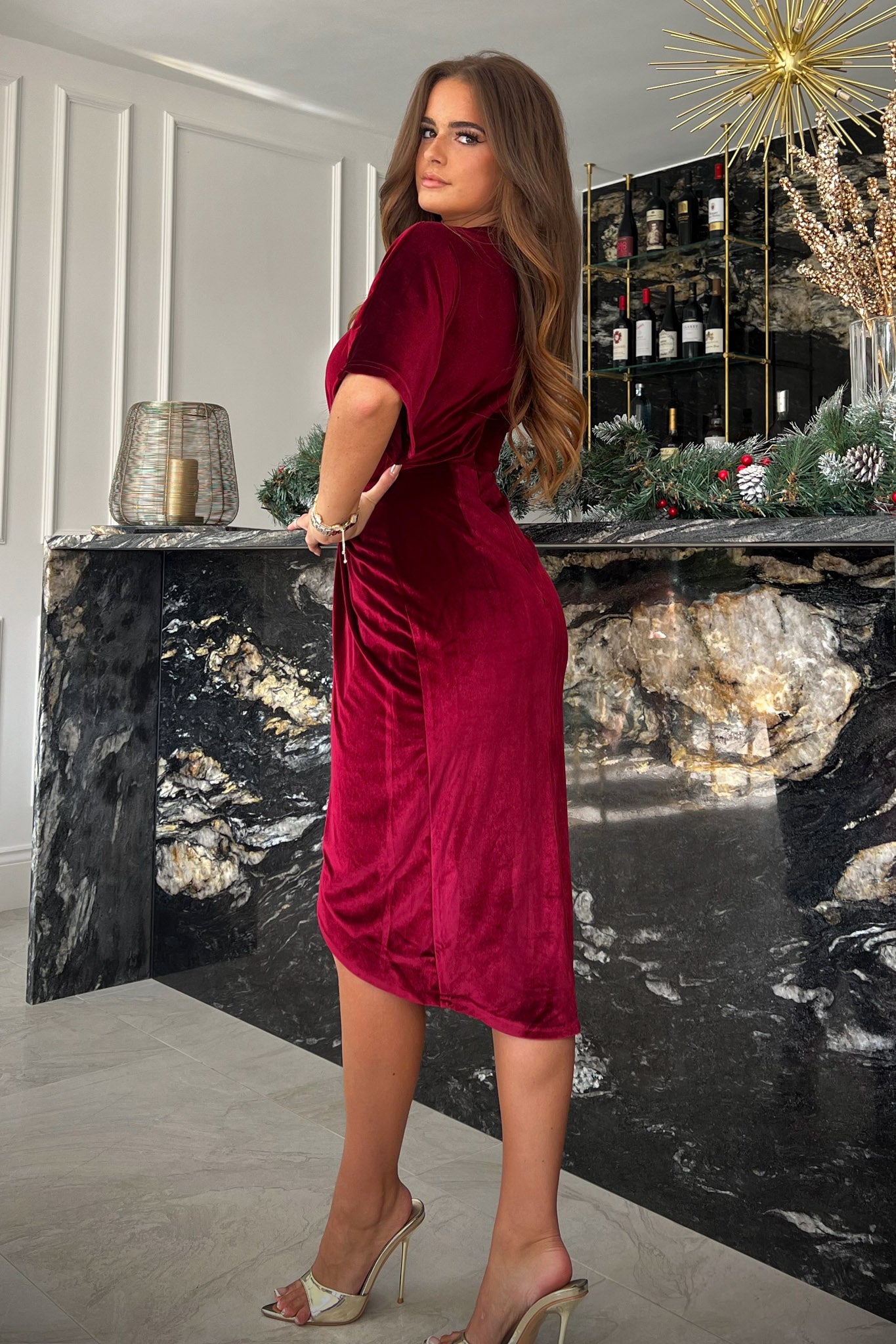 Siena Wine Velvet Wrap Detailing Midi Dress