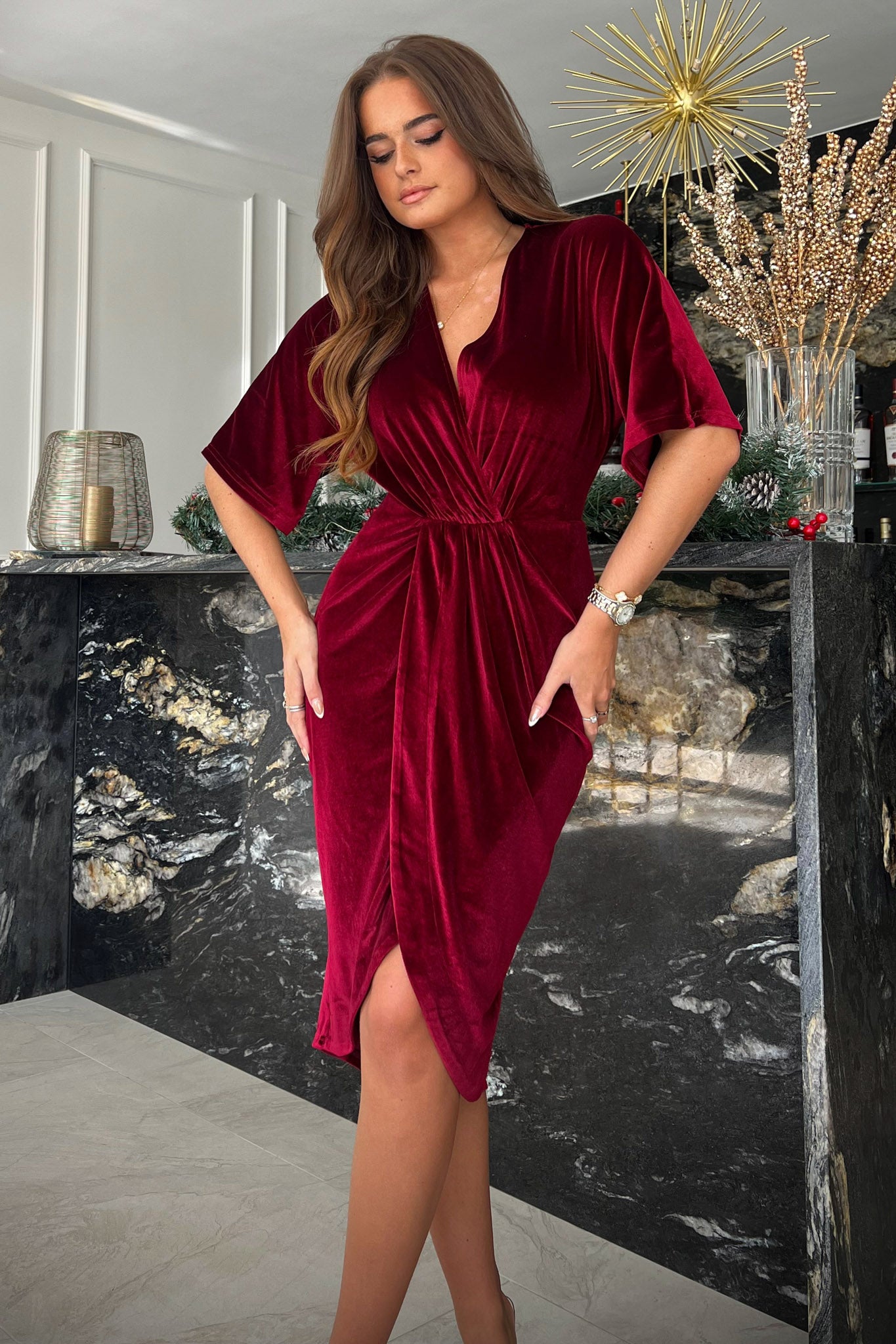 Siena Wine Velvet Wrap Detailing Midi Dress