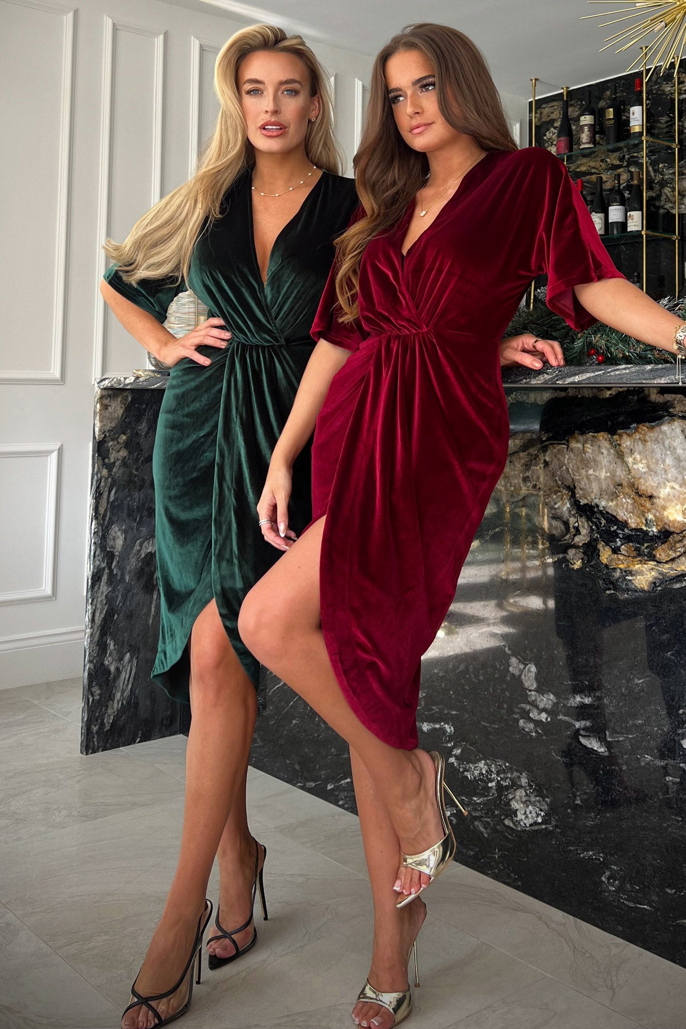 Siena Wine Velvet Wrap Detailing Midi Dress