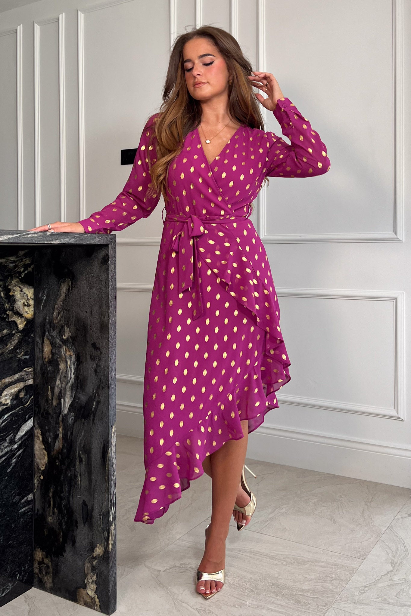 Tanya Plum & Gold Colour Foil Asymmetric Midi Dress