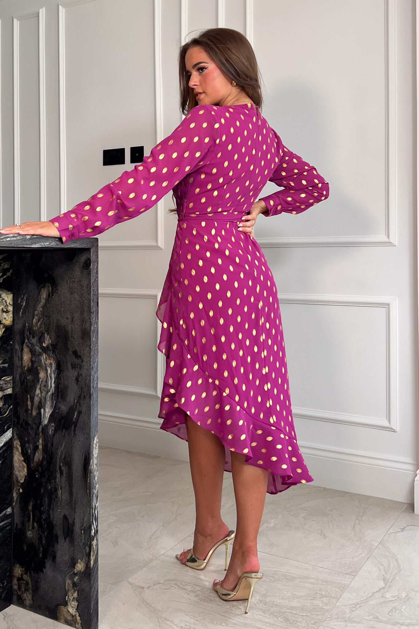 Tanya Plum & Gold Colour Foil Asymmetric Midi Dress