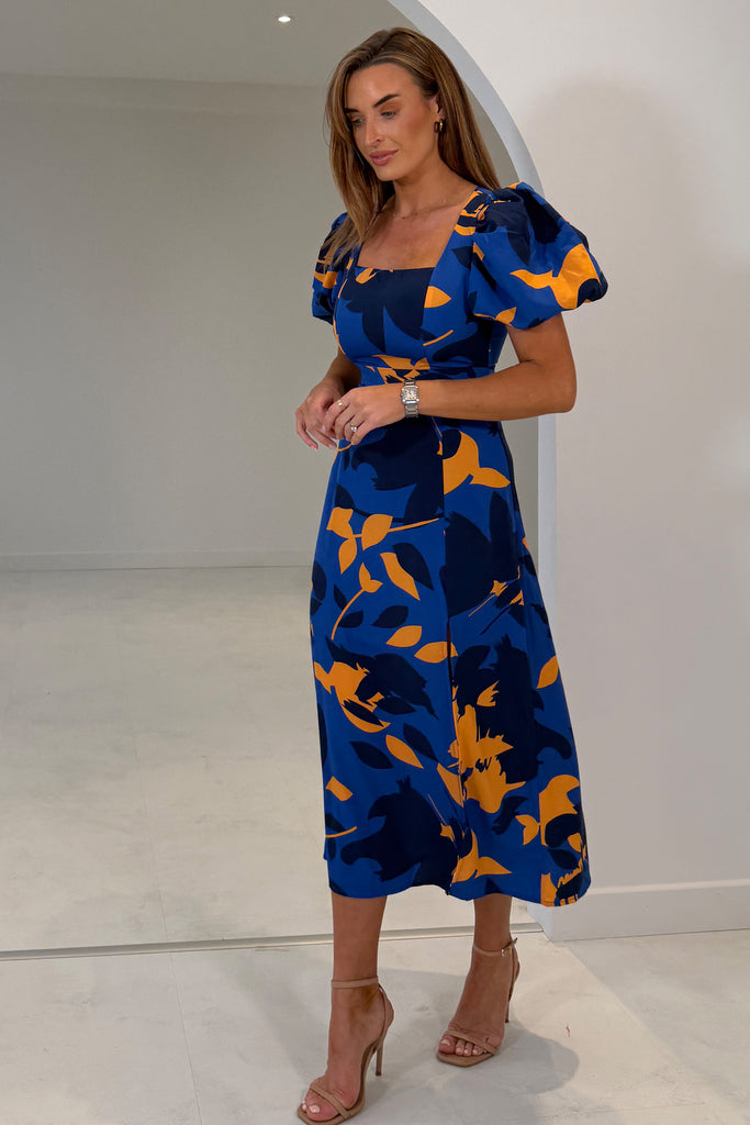 blue and orange dress Shanice Cobalt & Orange Floral Square Neck Midi Dress – Girl In Mind