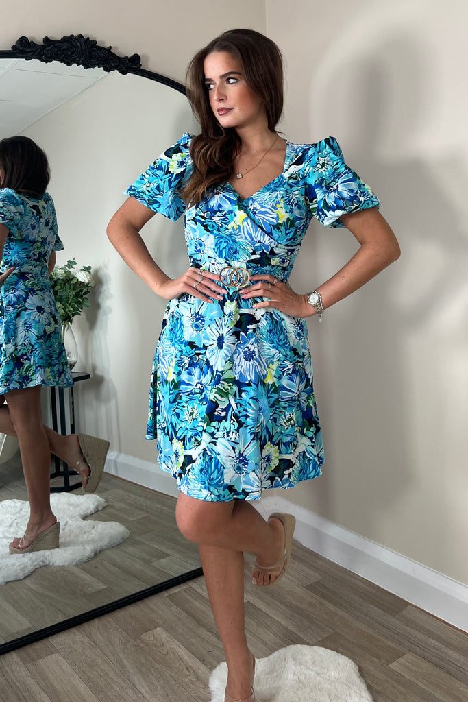 Aubrey Blue Floral Wrap Detail Mini Dress Girl In Mind