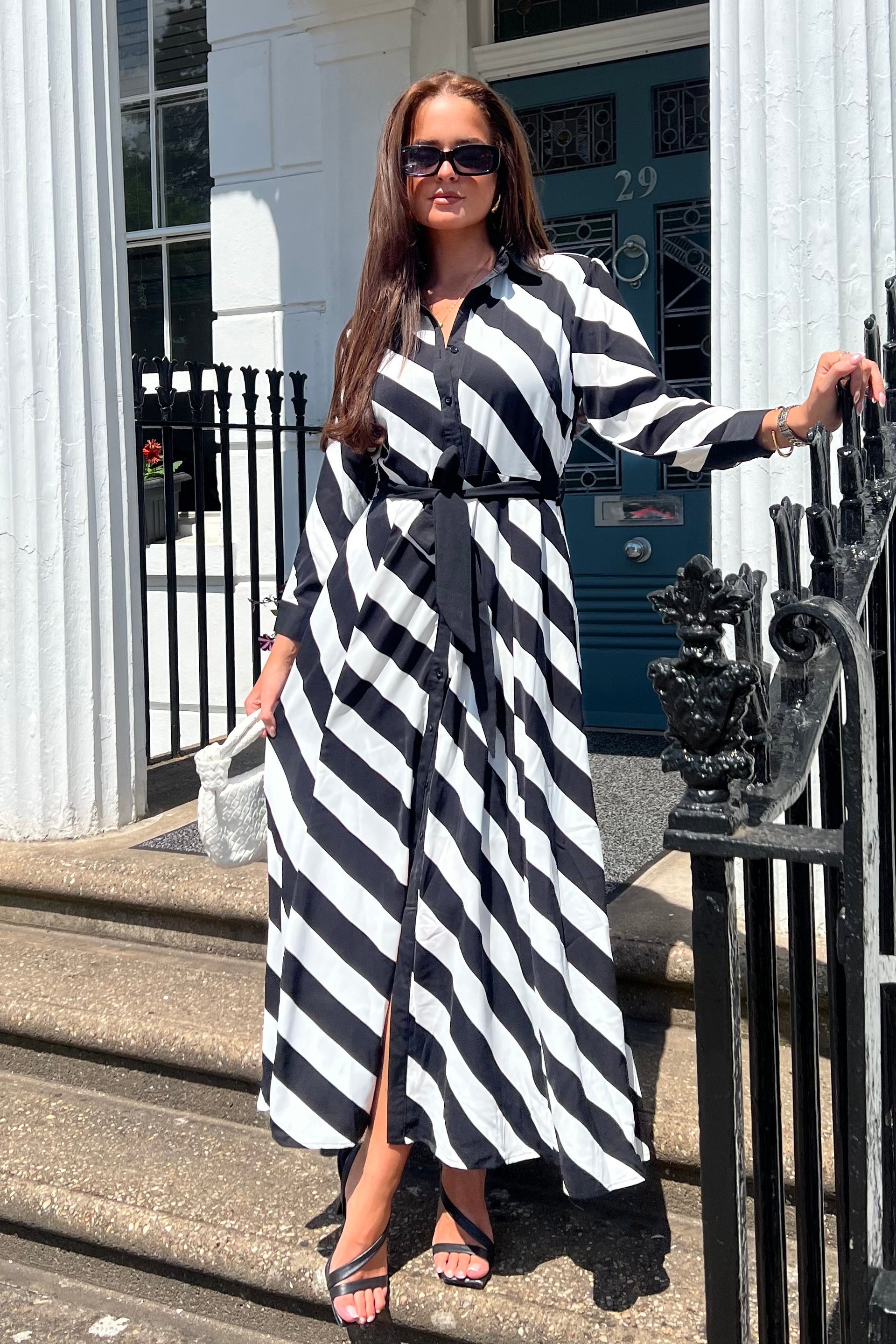 Brielle Black White Stripe Shirt Maxi Dress