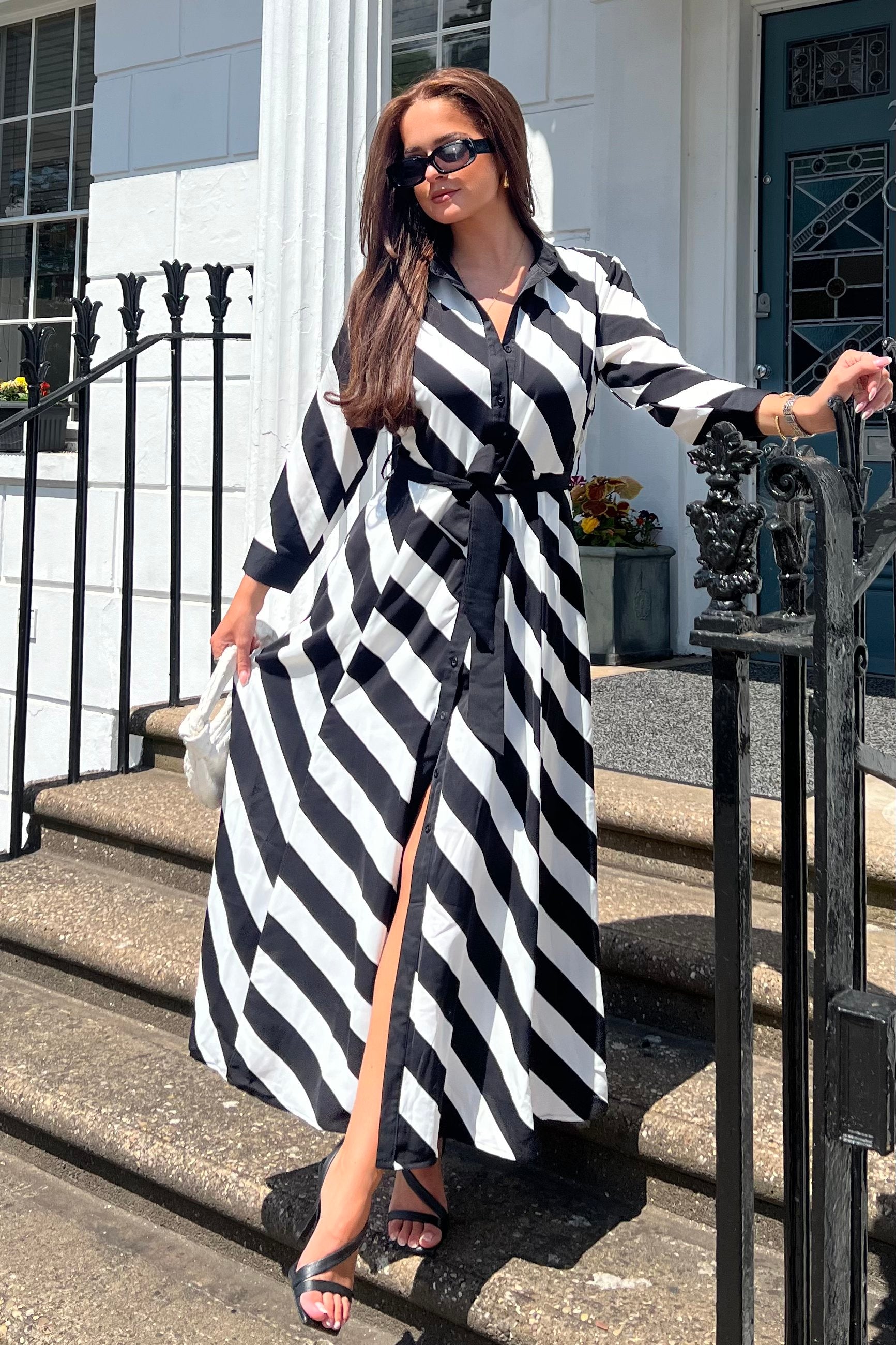 Brielle Black White Stripe Shirt Maxi Dress