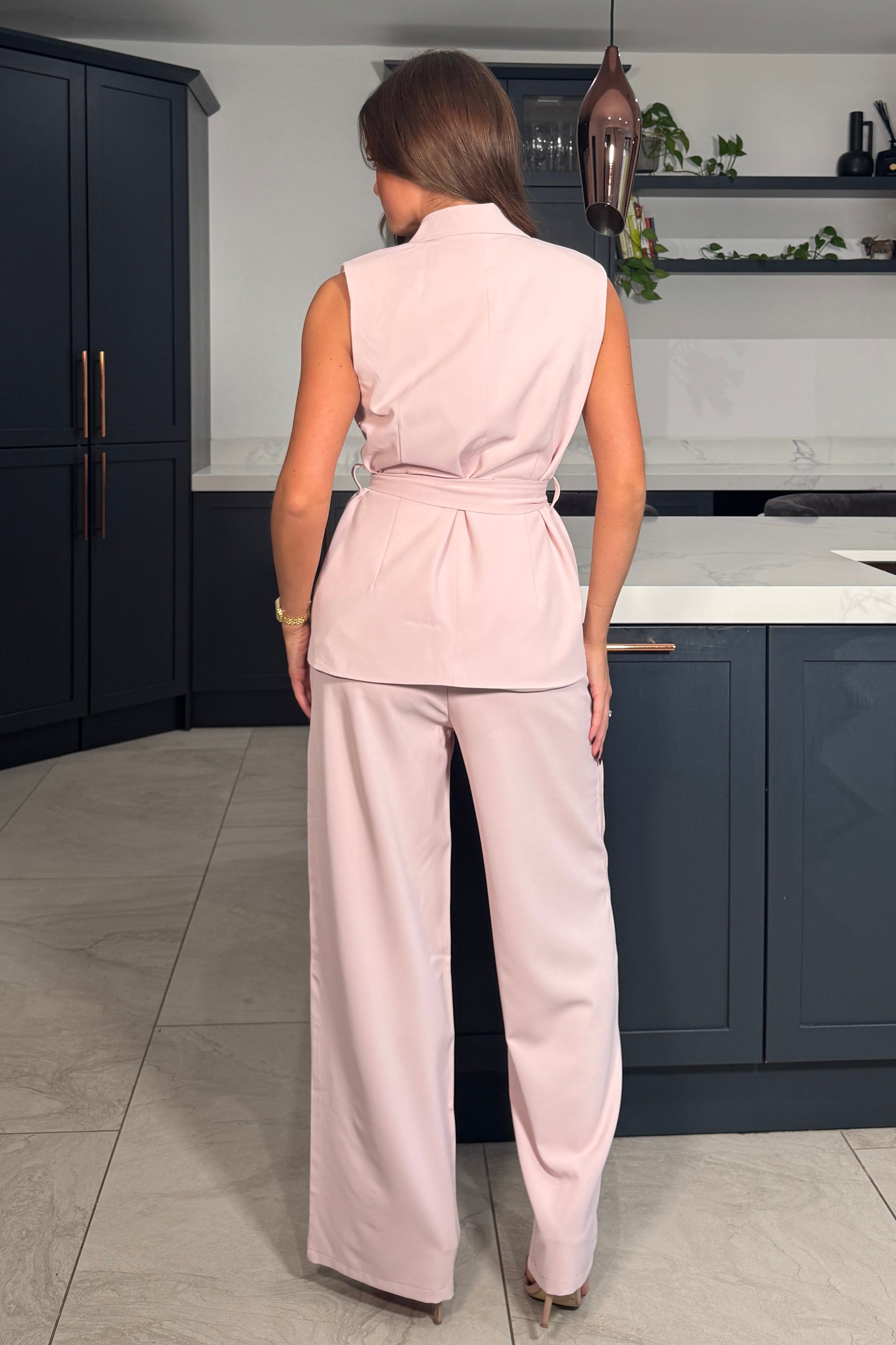 Malaika Pink Sleeveless Belted Blazer