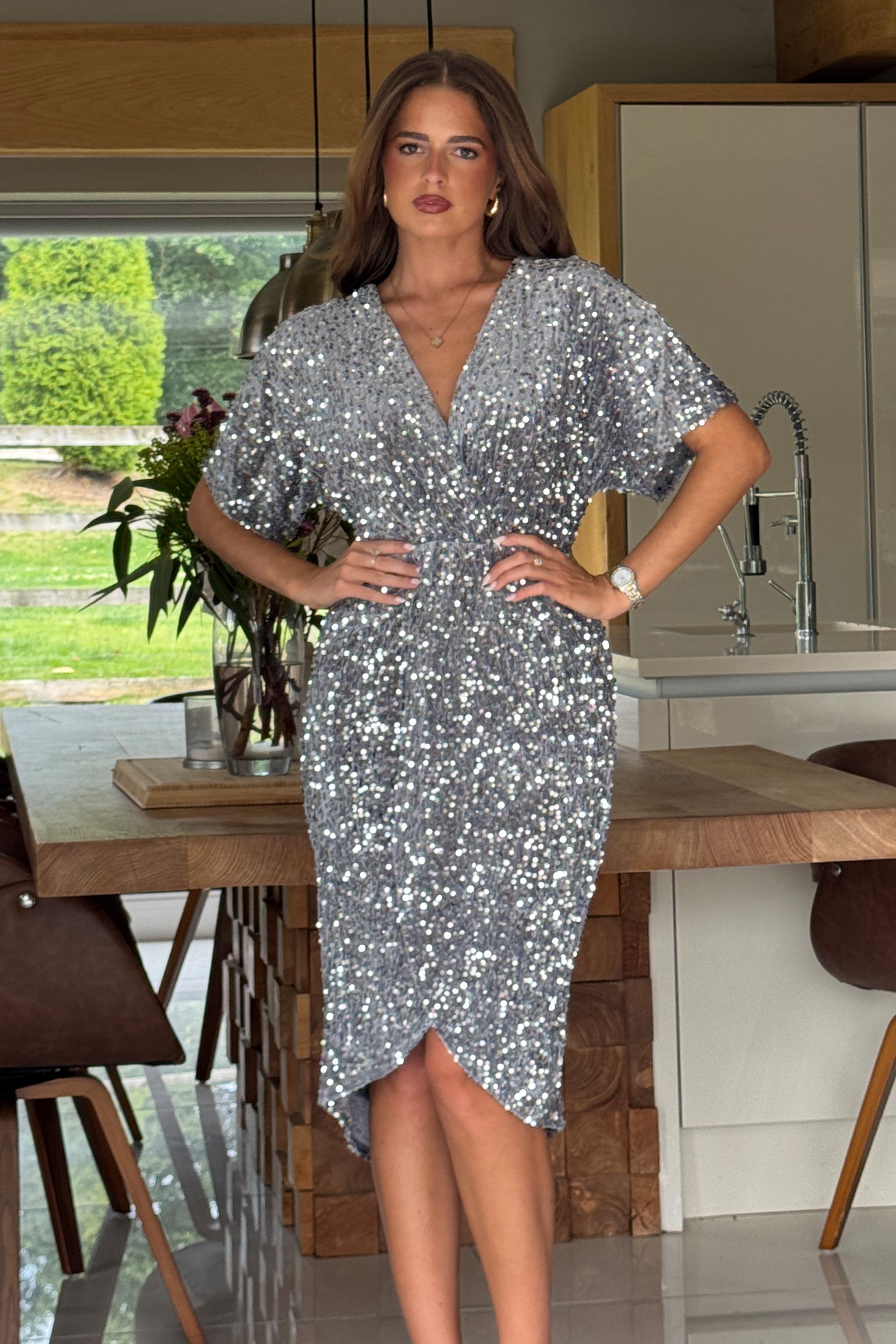 Novah Silver Velvet Sequin Wrap Detailing Midi Dress