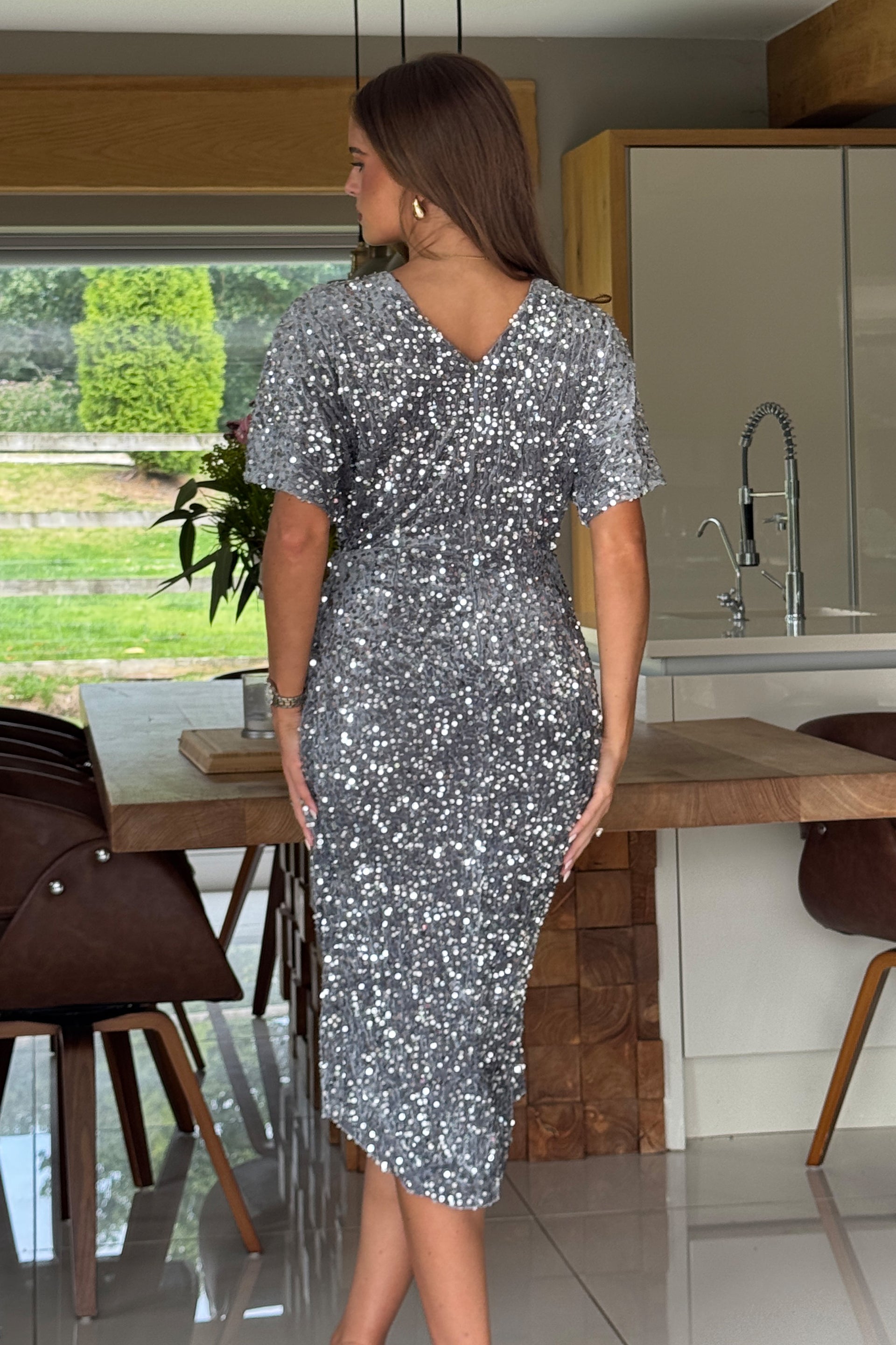 Novah Silver Velvet Sequin Wrap Detailing Midi Dress