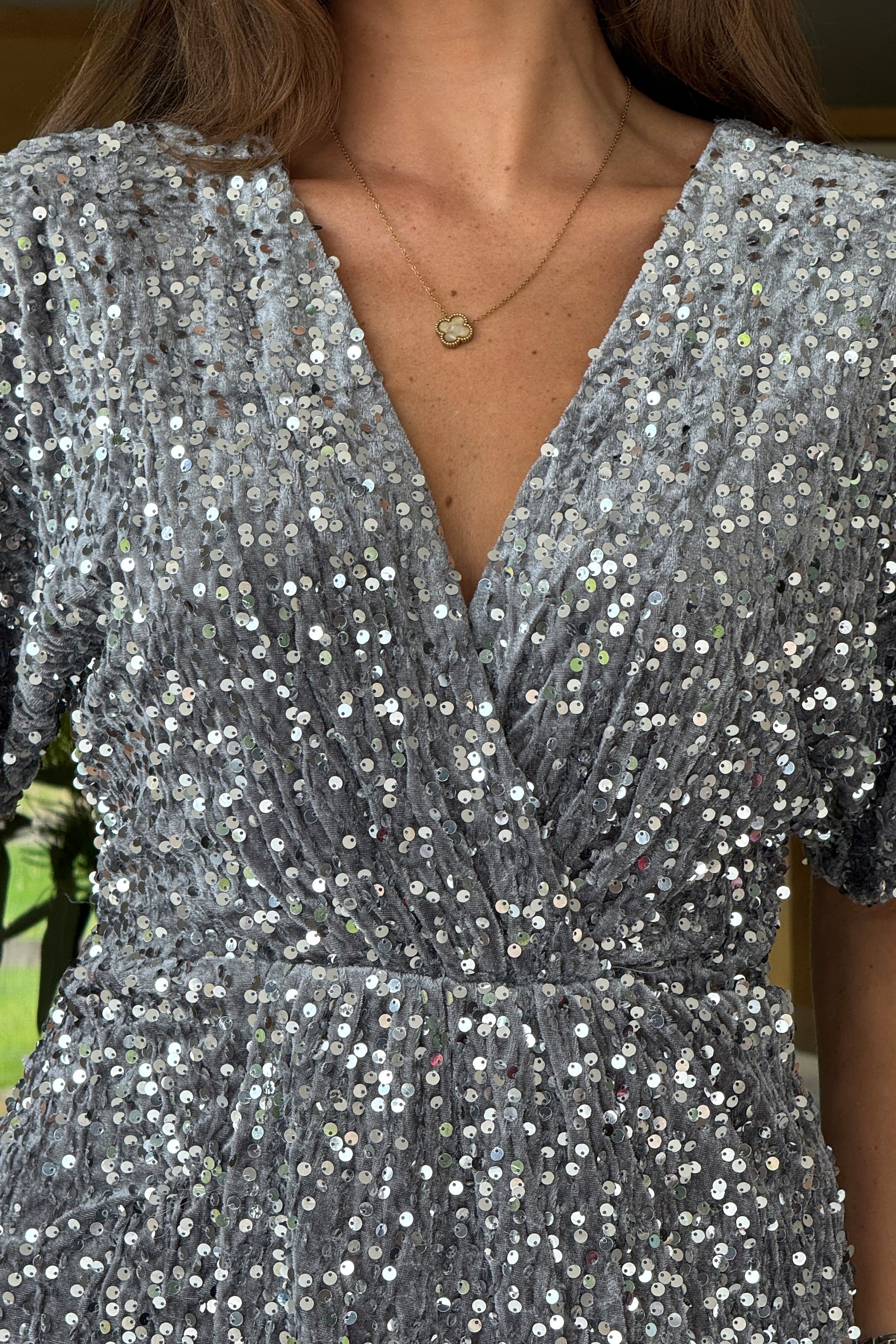 Novah Silver Velvet Sequin Wrap Detailing Midi Dress