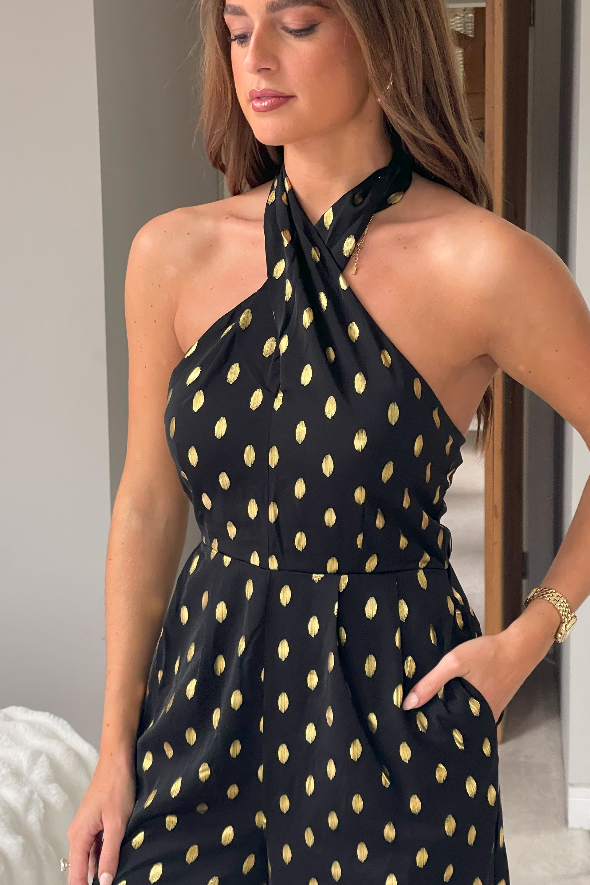 Jasmine Halterneck Wide Leg Gold Foil Jumpsuit