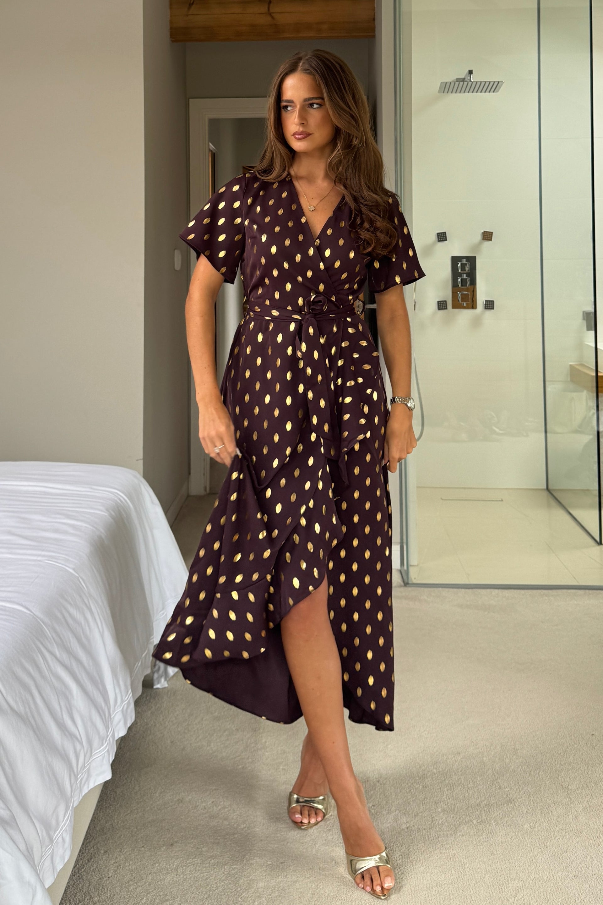 Farren Split Hem Frill Detail Maxi Dress Brown Foil