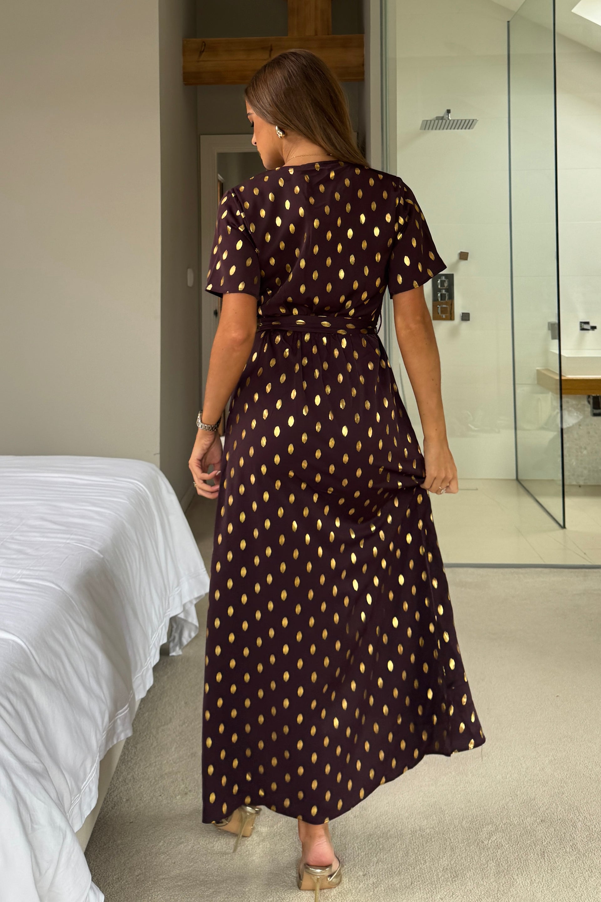 Farren Split Hem Frill Detail Maxi Dress Brown Foil