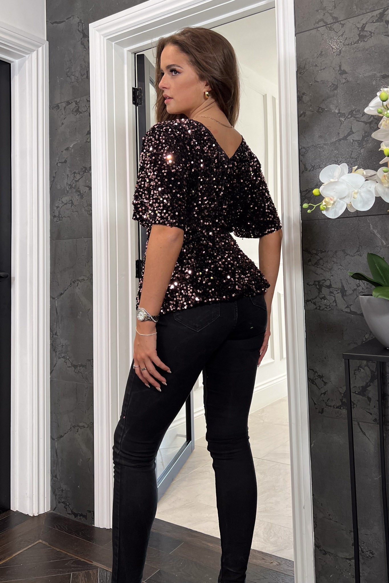 Ella Wrap Neck Velvet Sequin Top Rose Gold