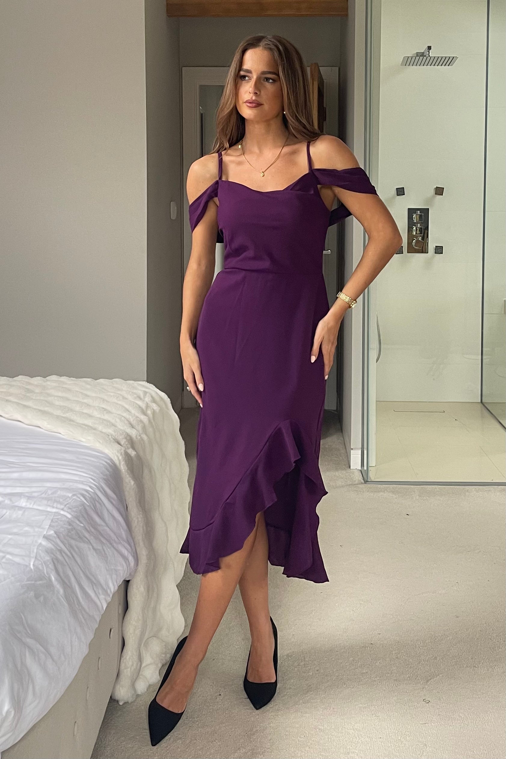 Kamilla Purple Asymmetric Off Shoulder Midi Dress