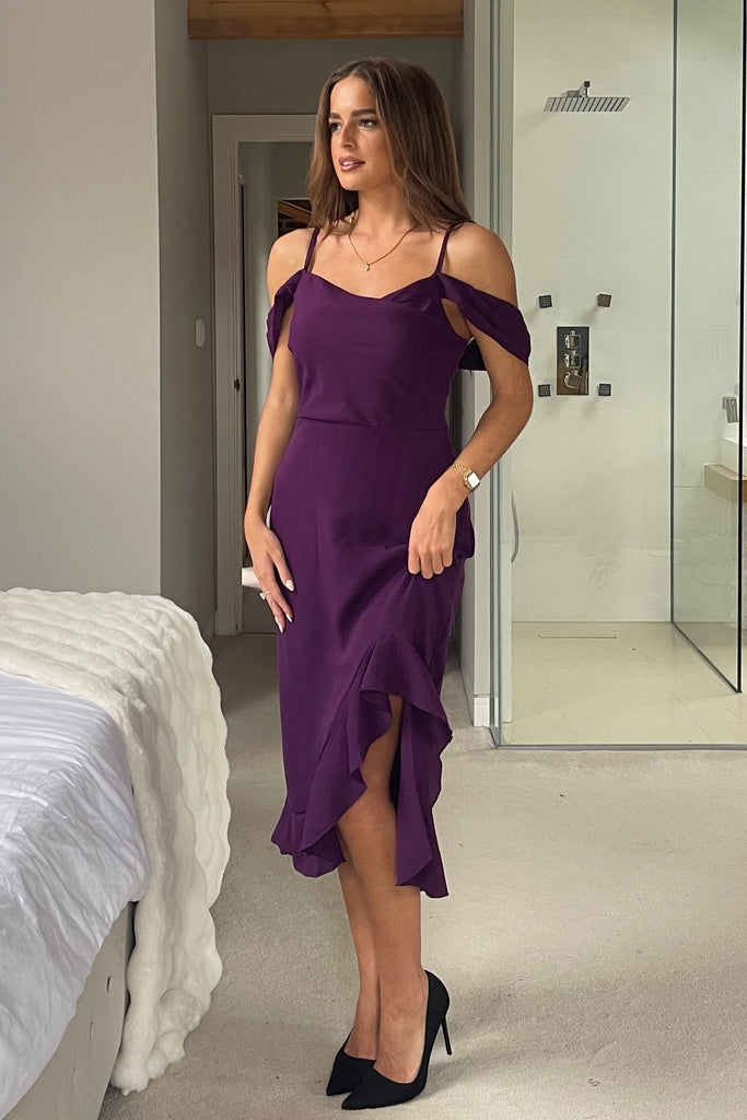 bandeau ruffle asymmetric hem midi dress in purple Midi Dress Asymmetric Frill Hem Dress Bandeau Ruffle Asymmetric Hem Midi  Dress In Ivory