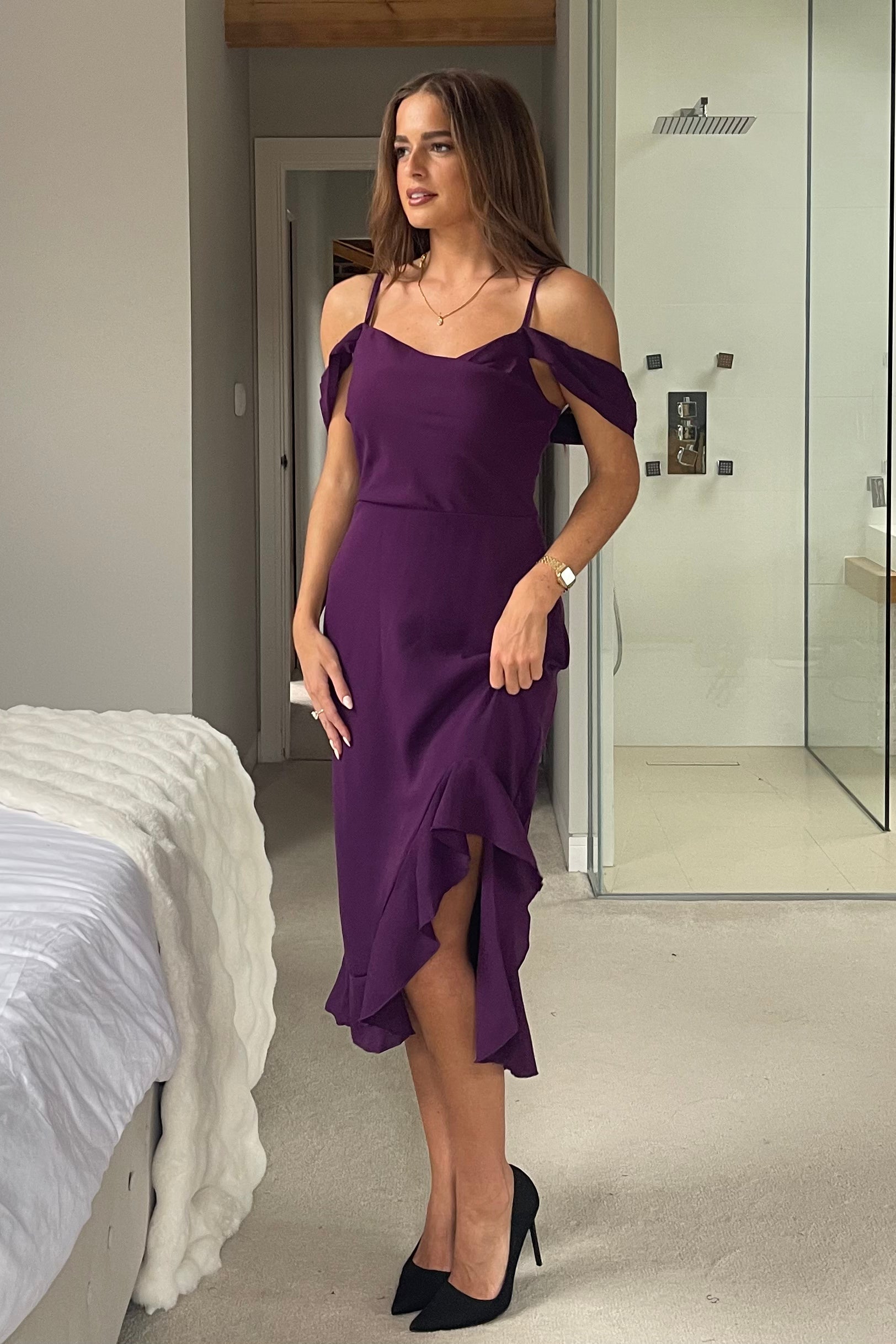 Kamilla Purple Asymmetric Off Shoulder Midi Dress