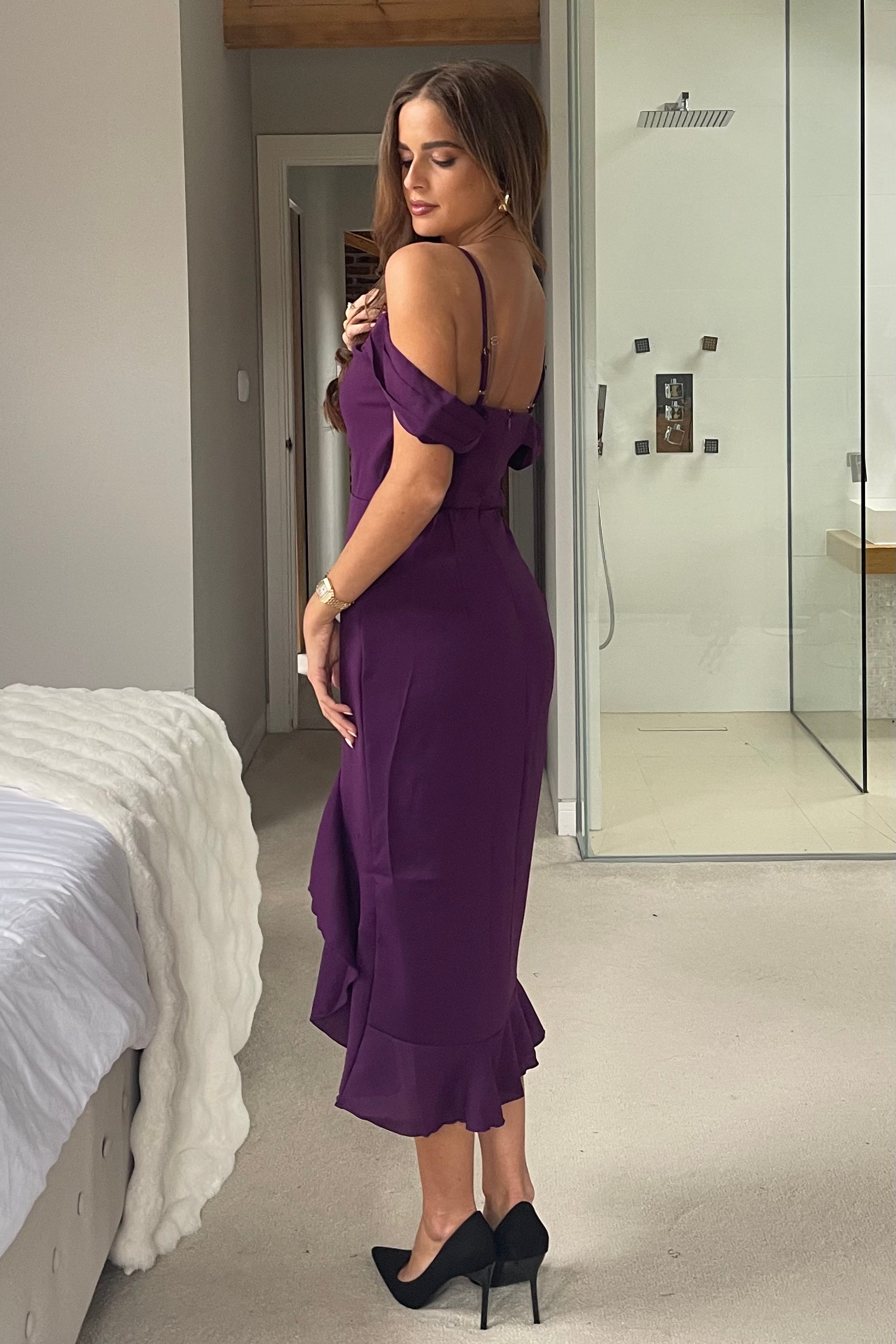 Kamilla Purple Asymmetric Off Shoulder Midi Dress