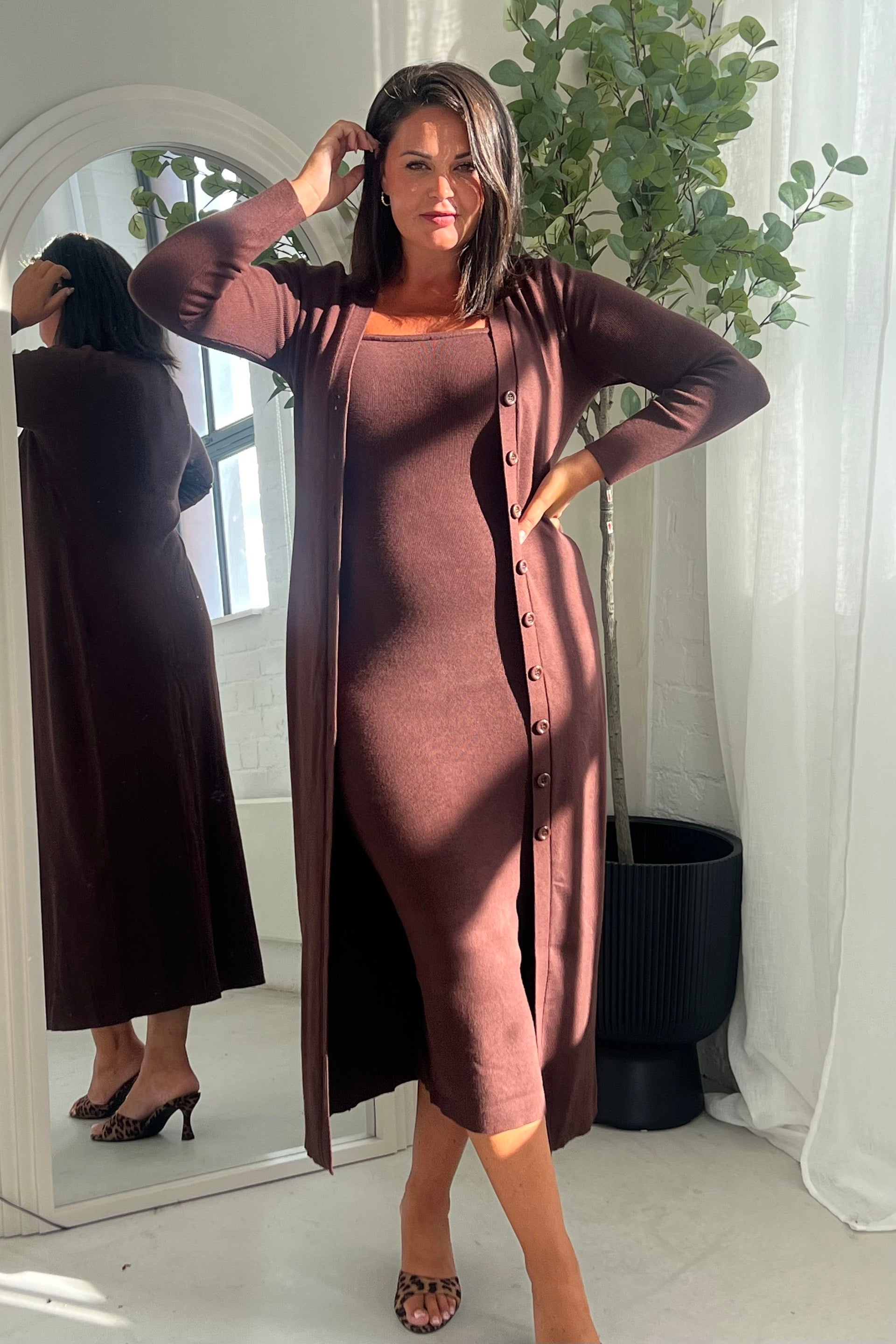 Alina Longline Cardigan Dress Brown