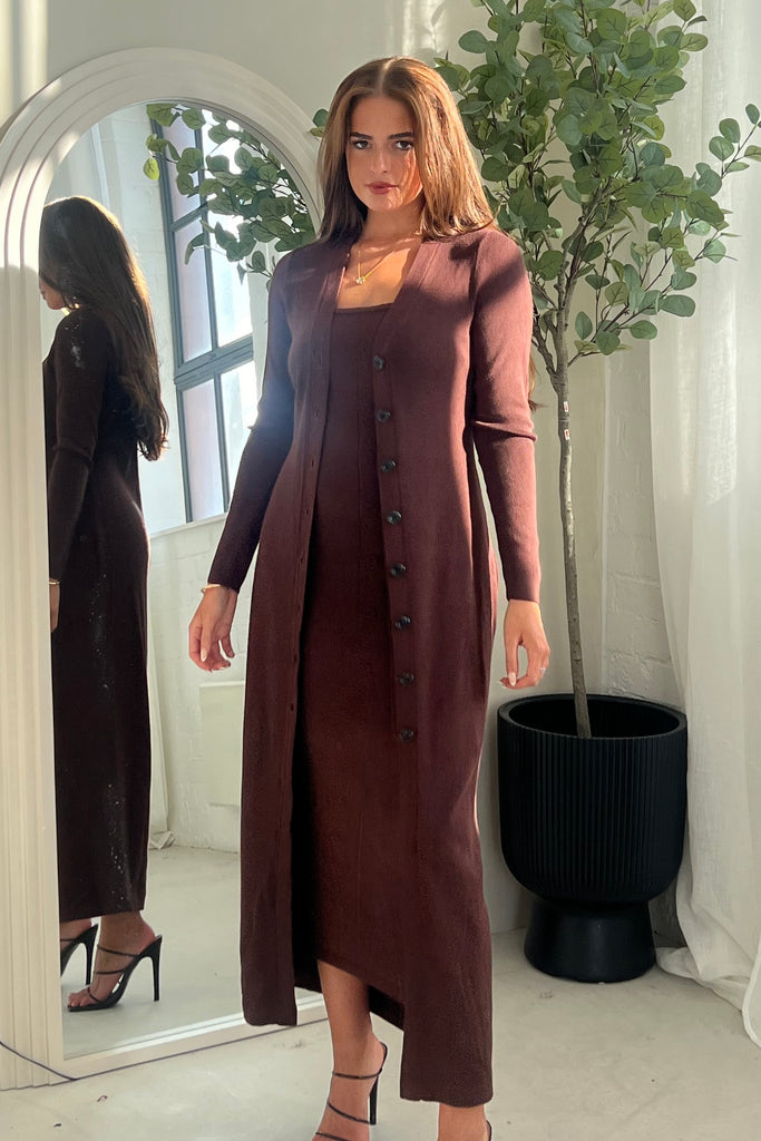 Alina Longline Cardigan Dress Brown – Girl In Mind