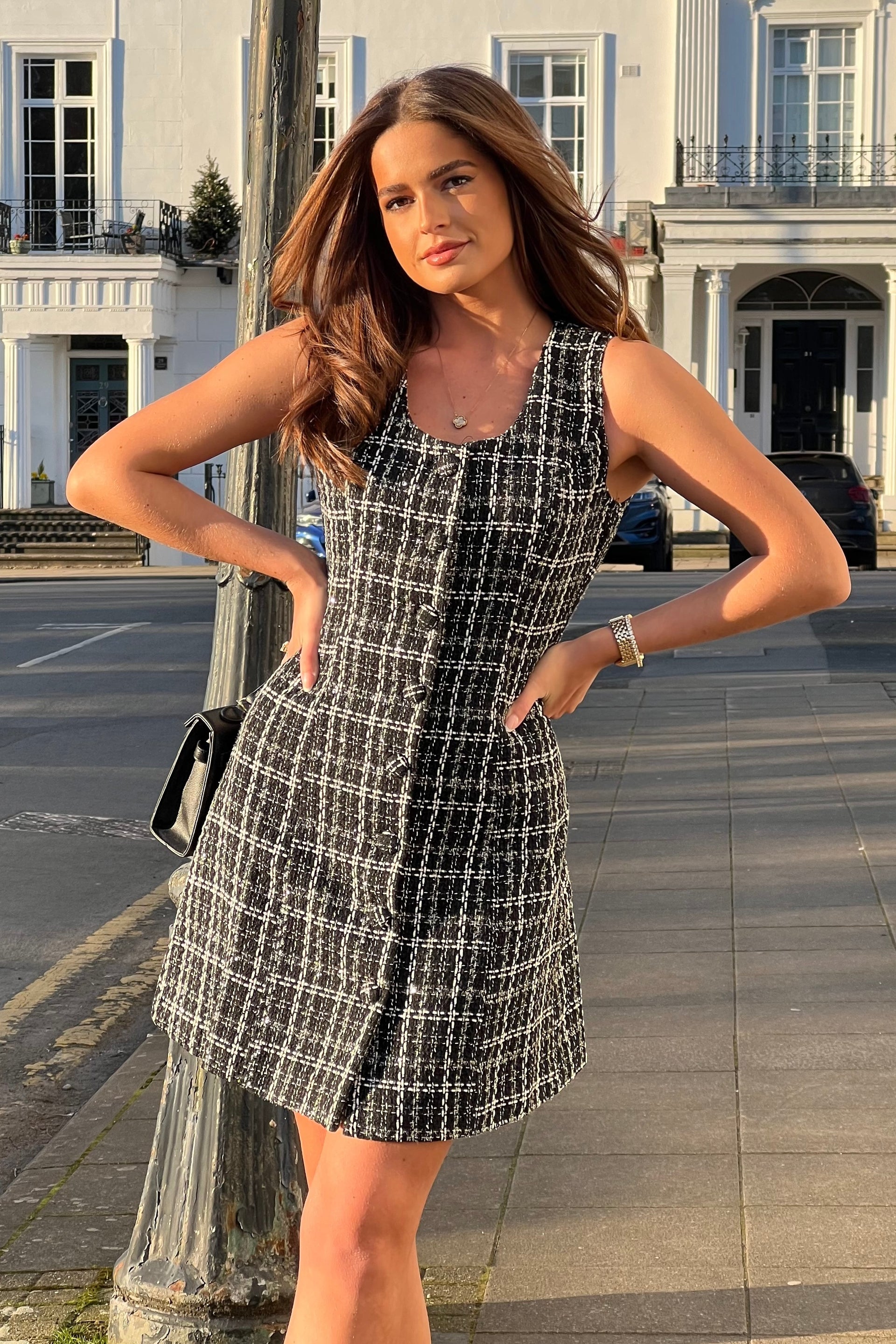 Brea Boucle Sleevless Mini Dress Black Tweed