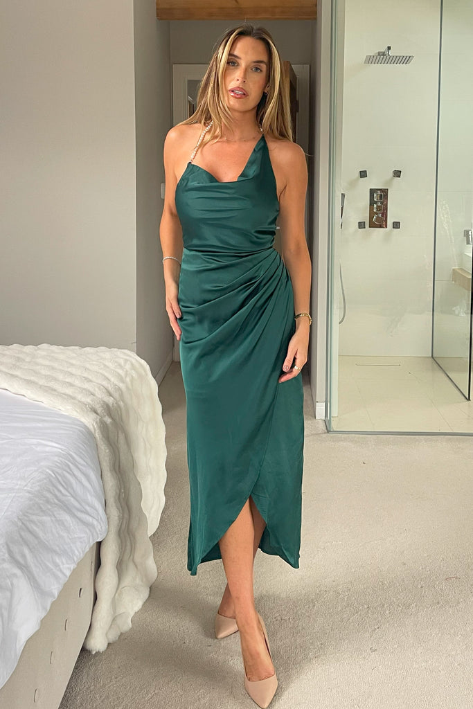 green emerald velvet dress Luxury Crystal Pearls Sage Green Evening Dress with Cape SS431 main image 1