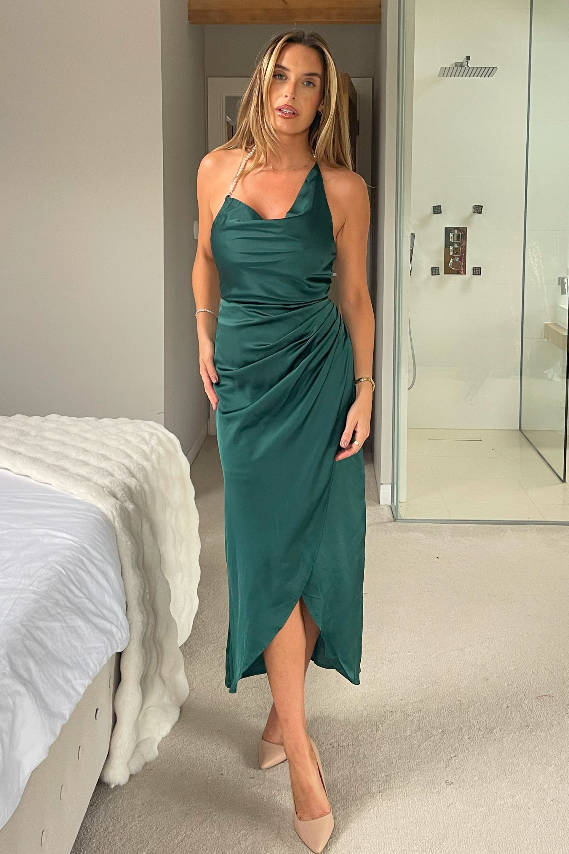Pearl Neck Ruched Waist Dress Green