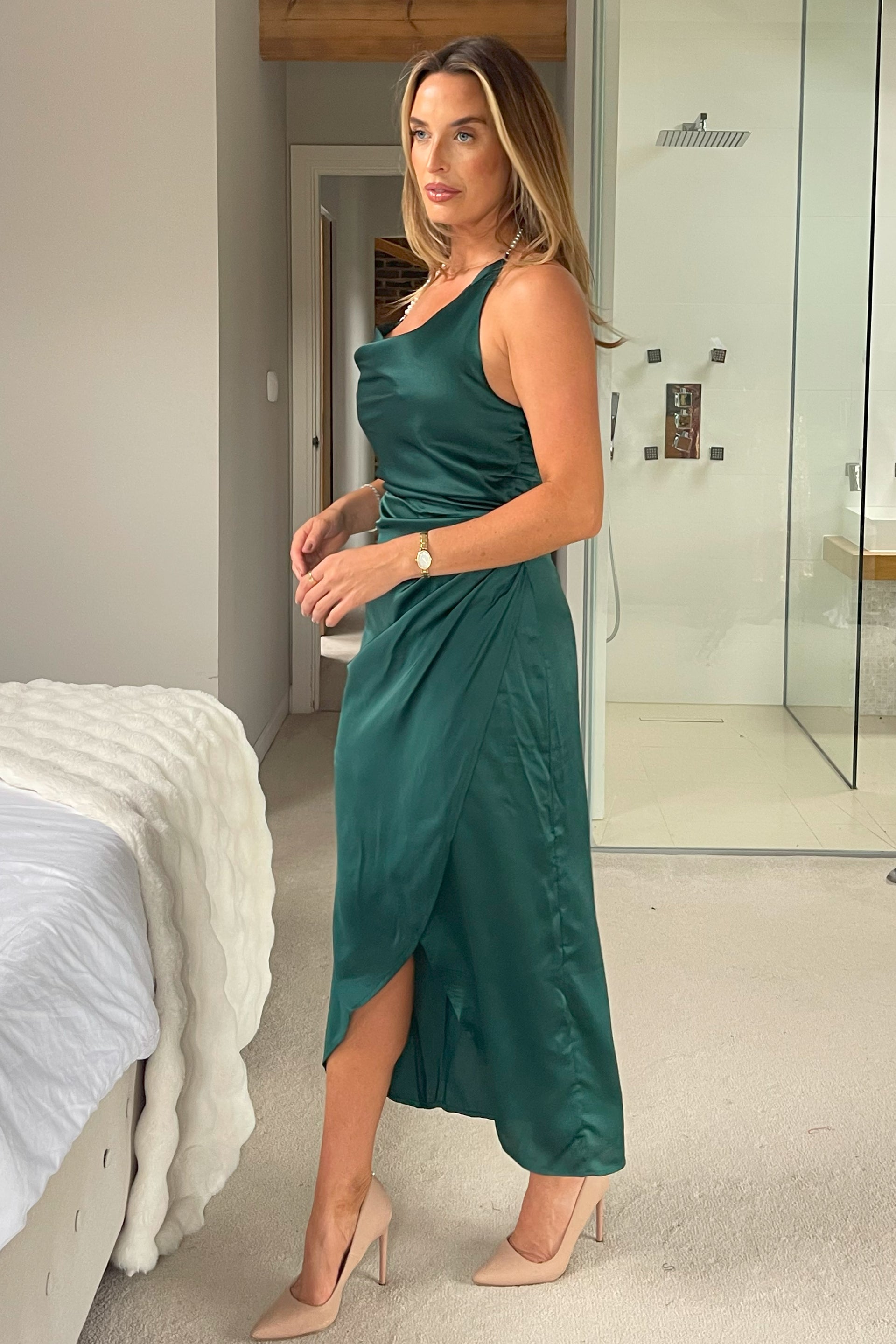 Pearl Neck Ruched Waist Dress Green