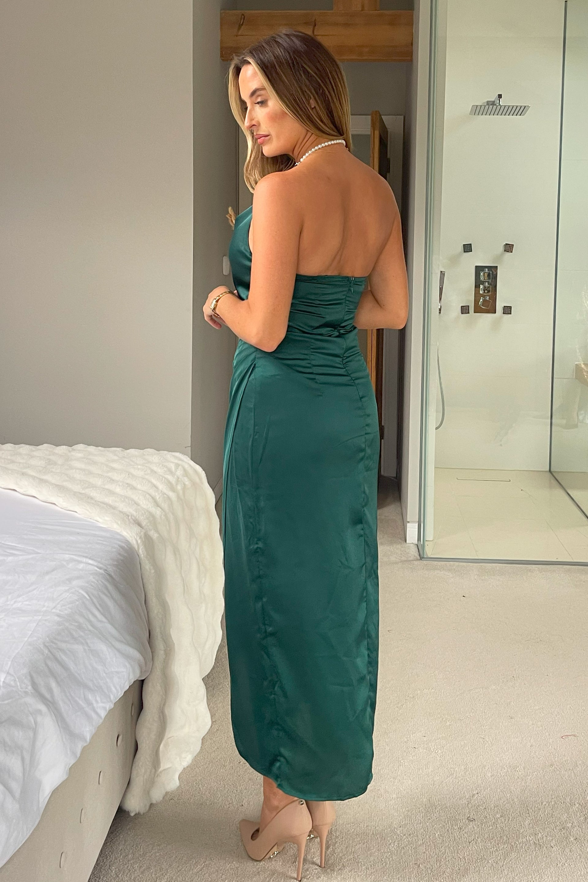 Pearl Neck Ruched Waist Dress Green