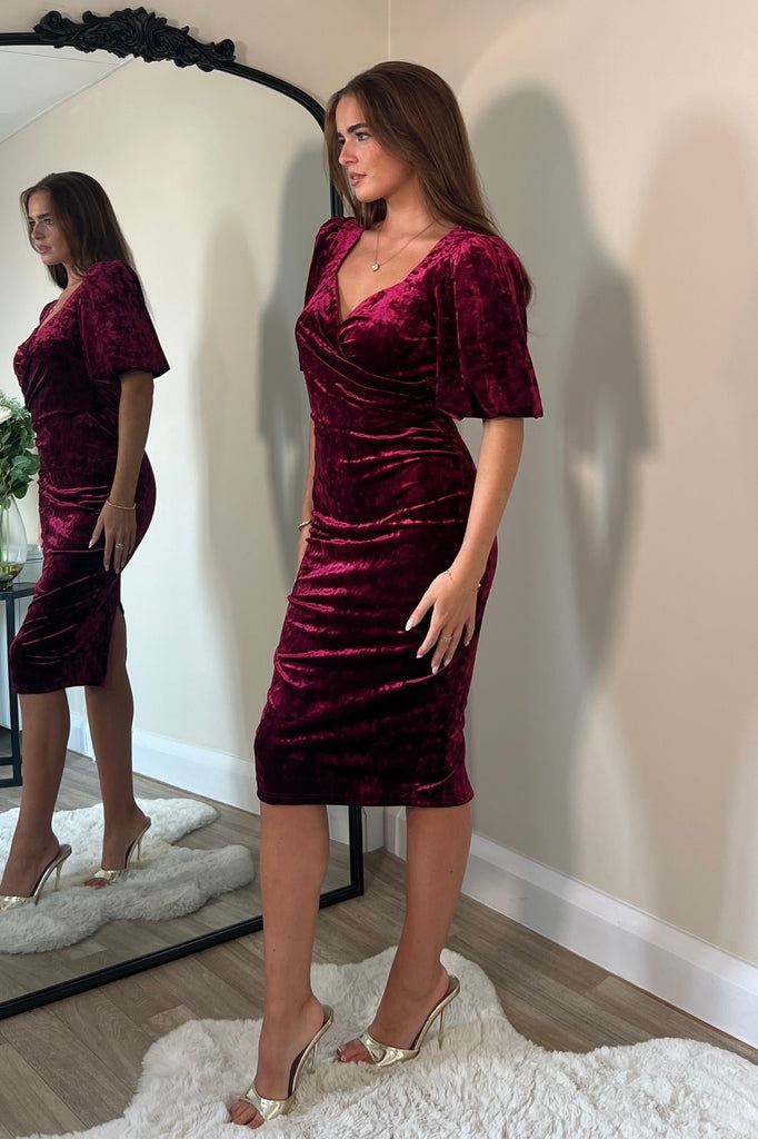 Harbor Wine Crushed Velvet Wrap Detail Midi Dress – Girl In Mind