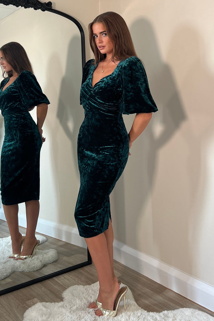 Harbor Green Crushed Velvet Wrap Detail Midi Dress – Girl In Mind