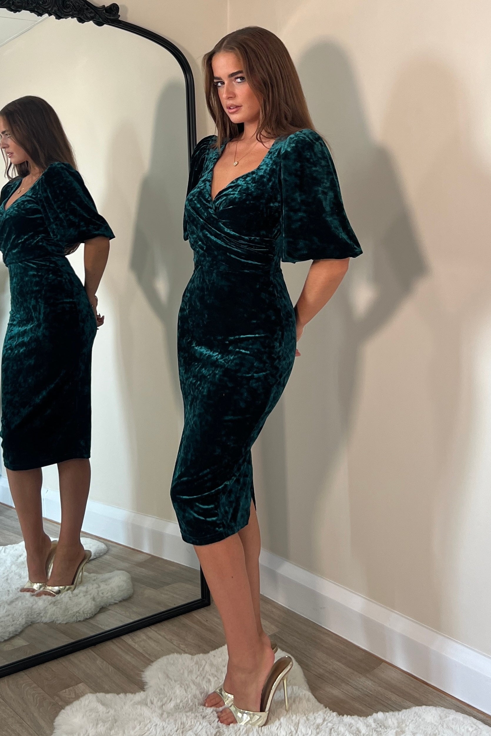 Harbor Green Crushed Velvet Wrap Detail Midi Dress