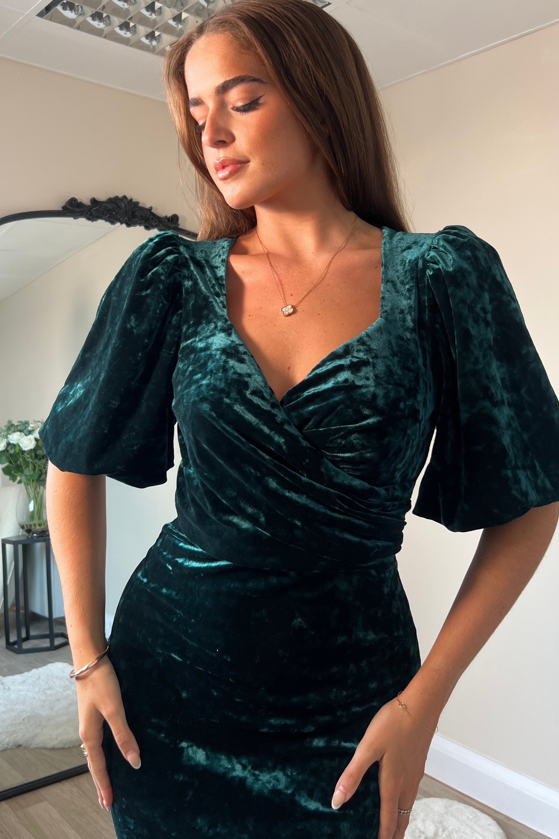 Harbor Green Crushed Velvet Wrap Detail Midi Dress