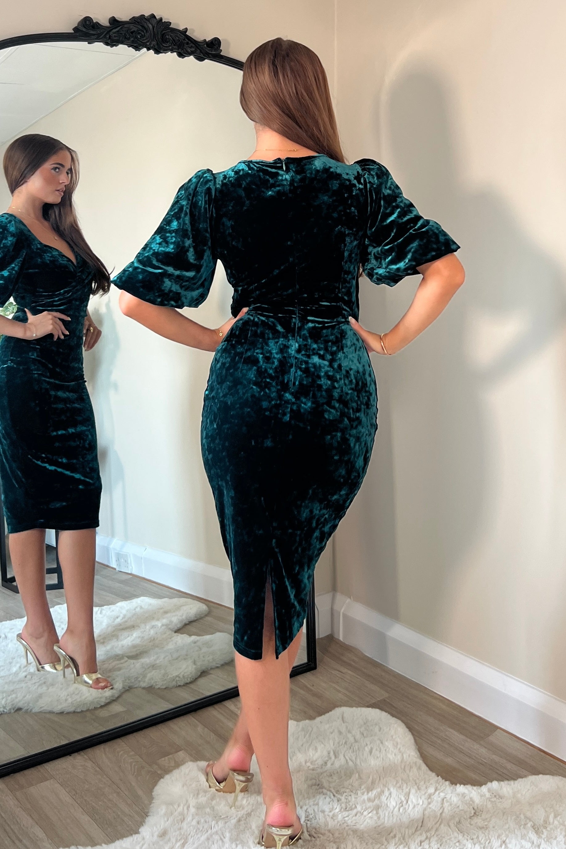 Harbor Green Crushed Velvet Wrap Detail Midi Dress