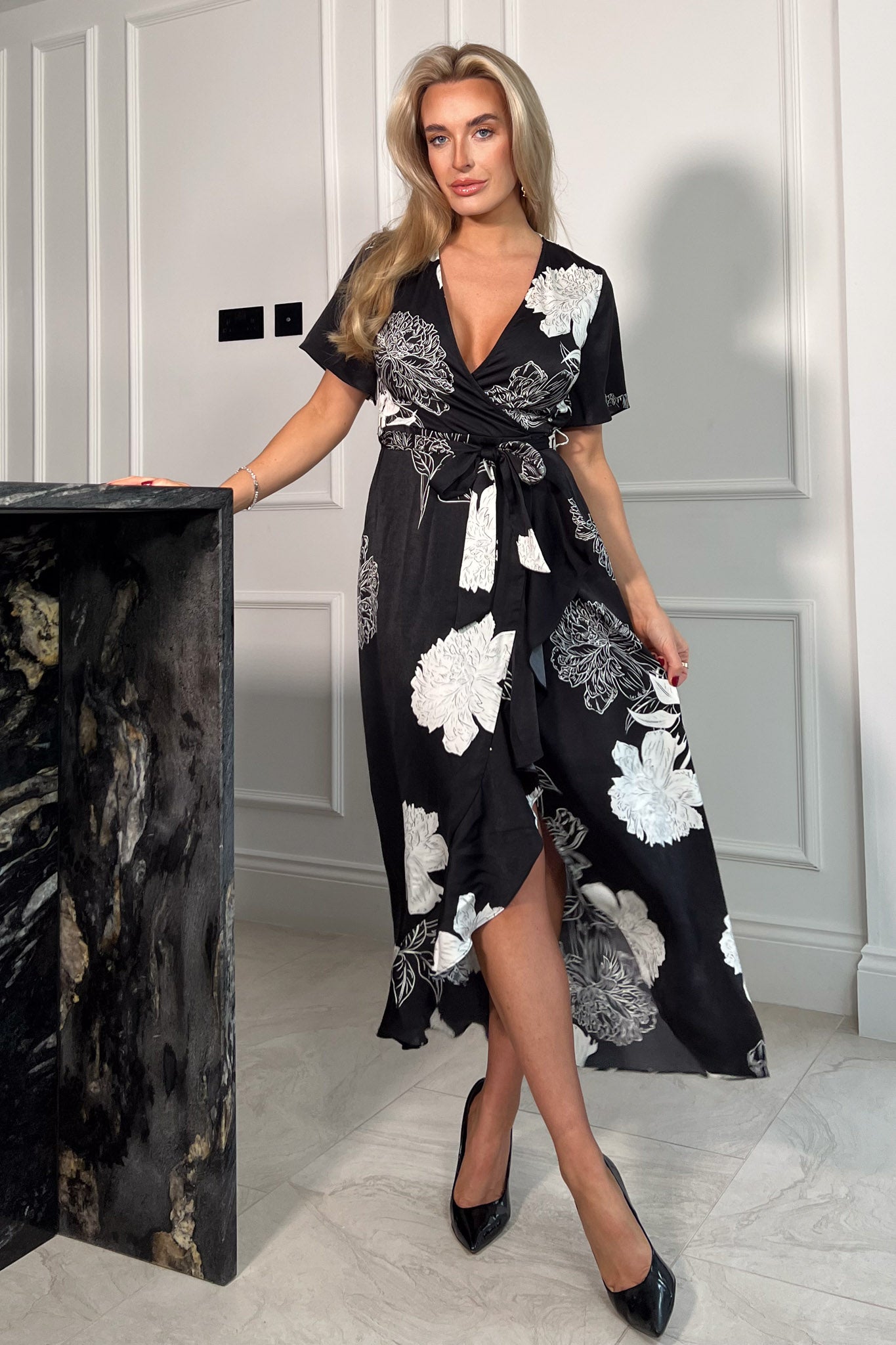 Farrah Black and White Floral Frill Detail Maxi Dress