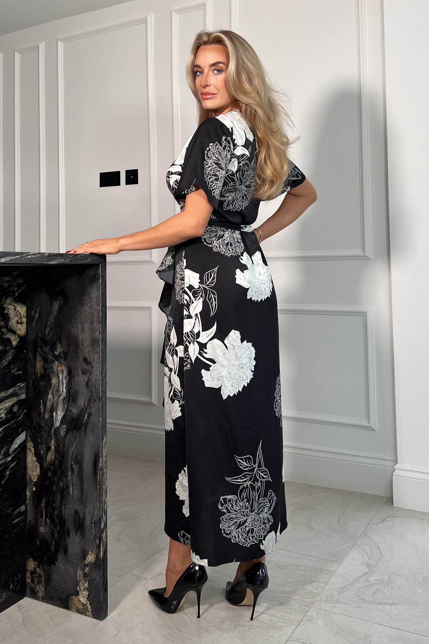 Farrah Black and White Floral Frill Detail Maxi Dress