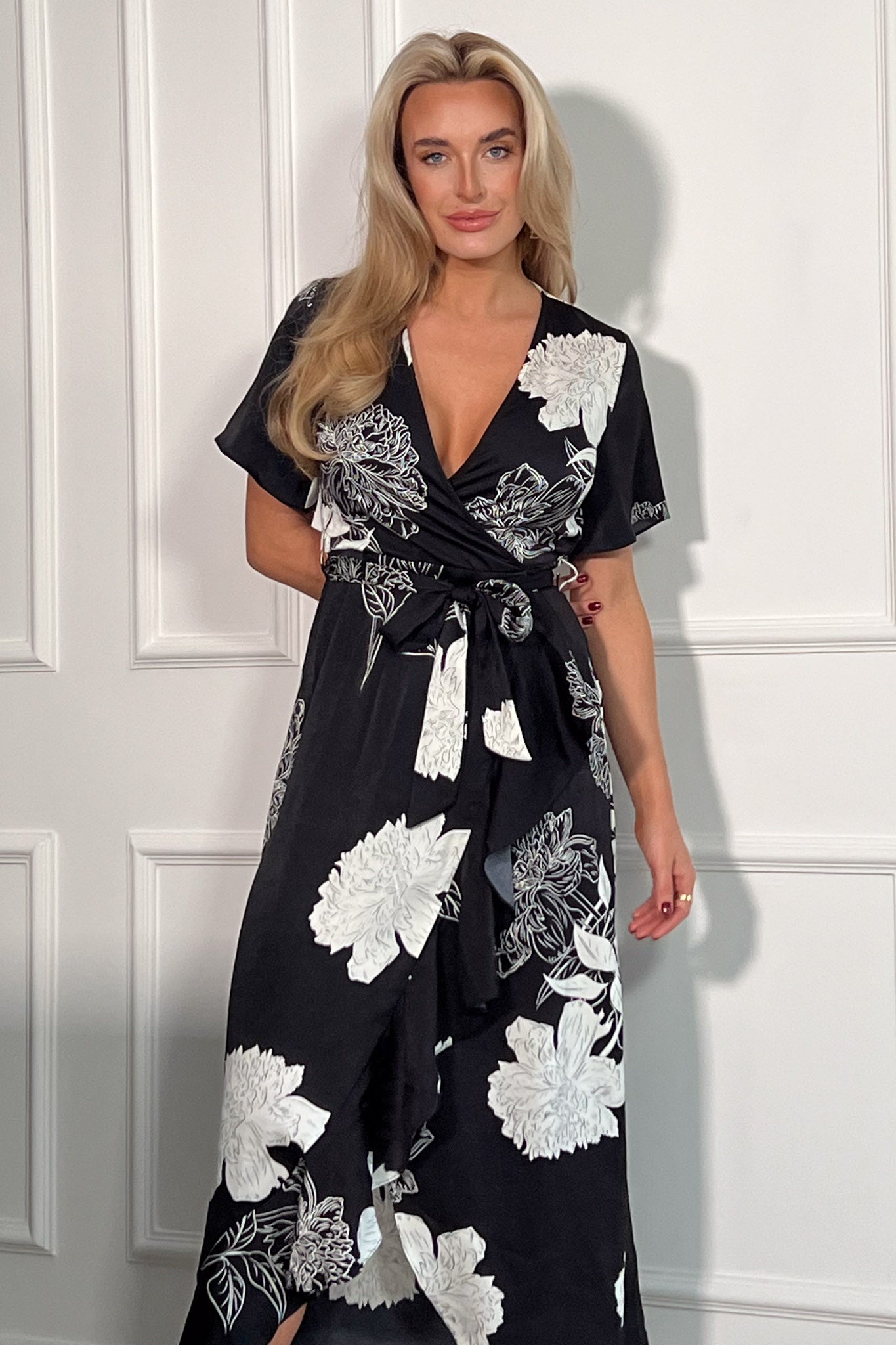 Farrah Black and White Floral Frill Detail Maxi Dress