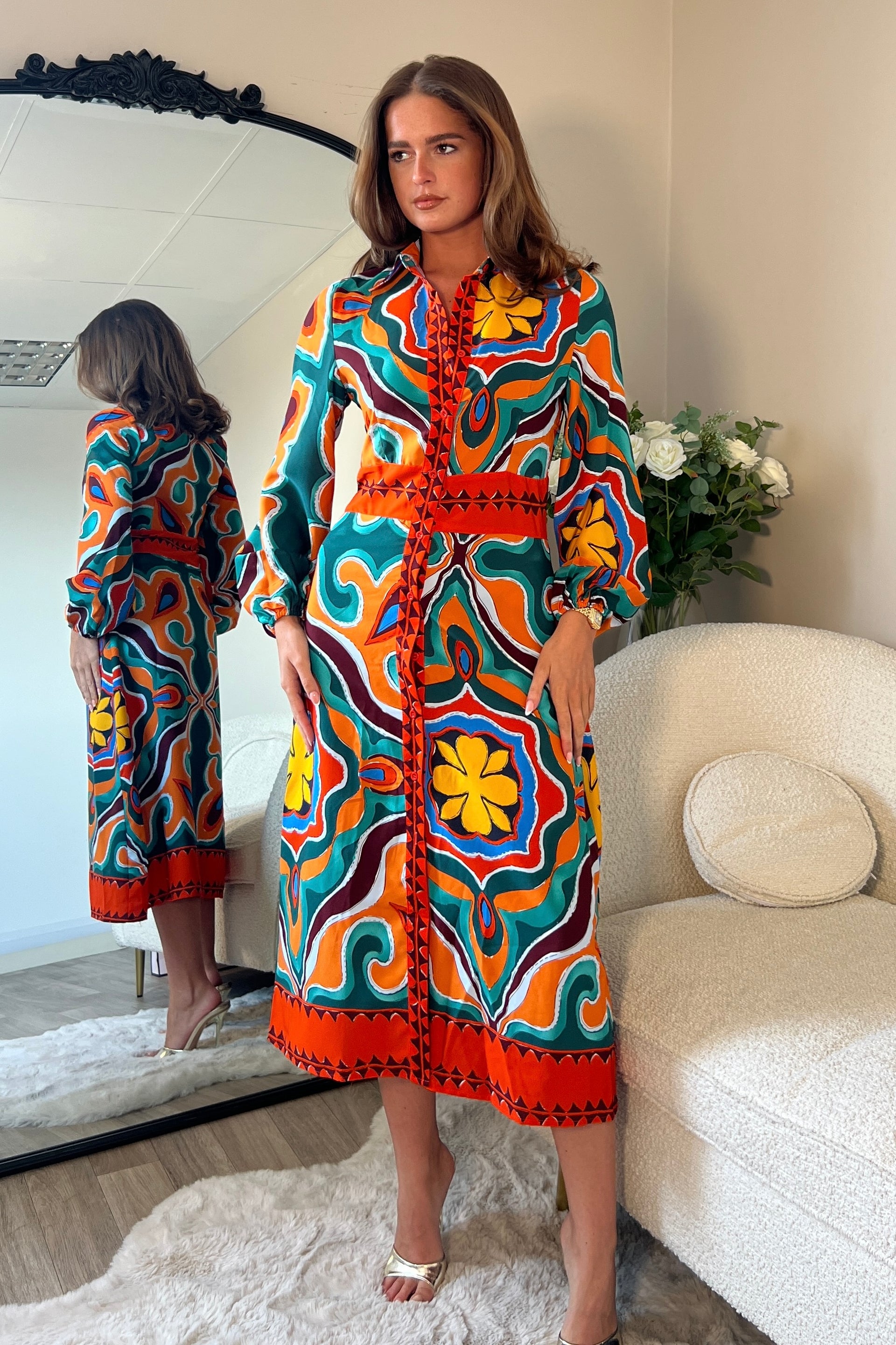 Alison Orange Abstract Shirt Dress