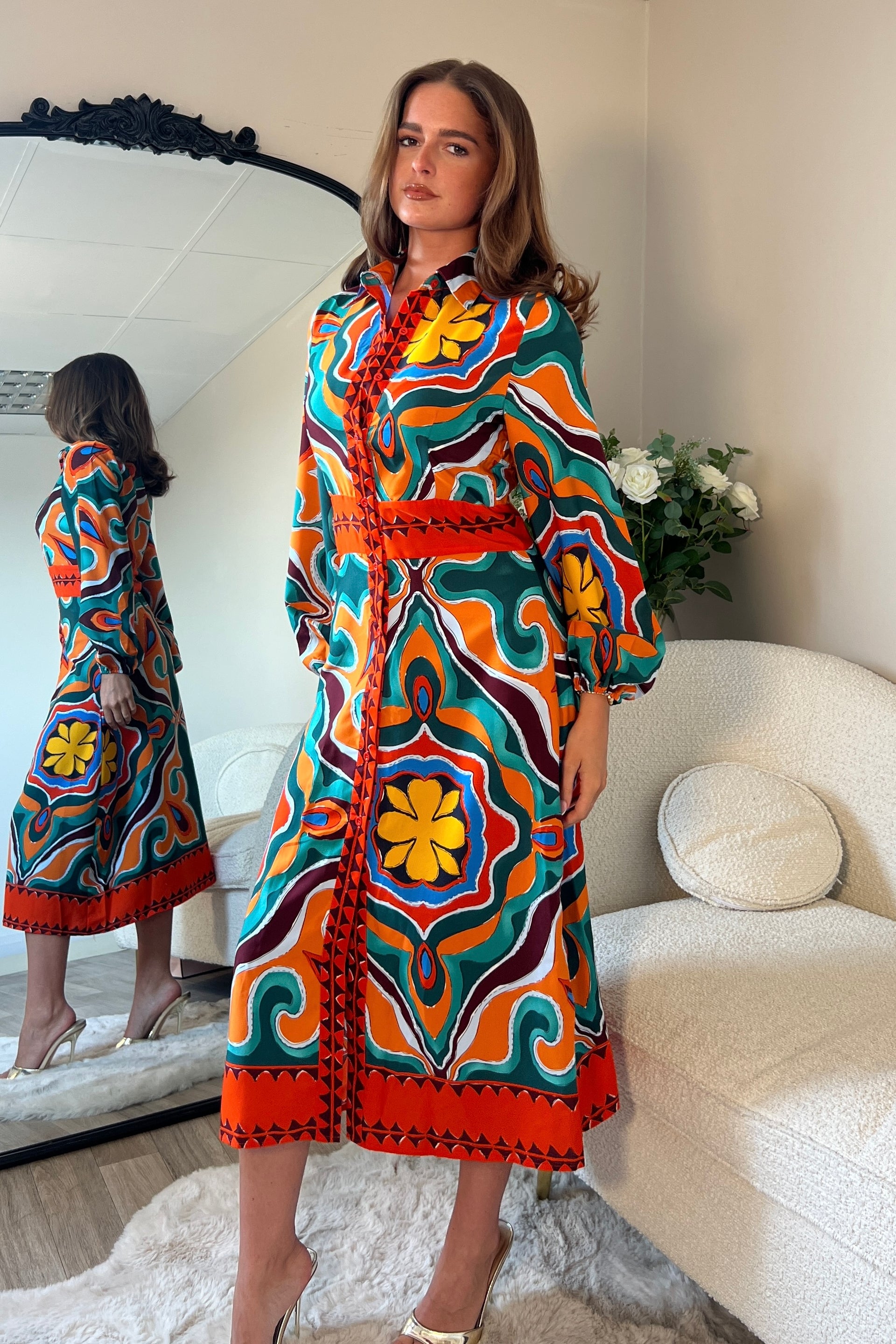 Alison Orange Abstract Shirt Dress