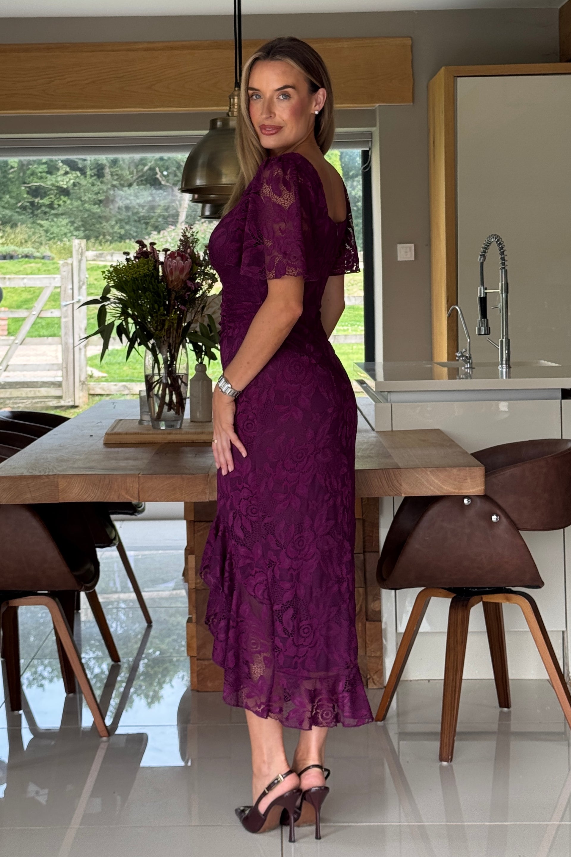 Heidi Lace Ruched Midi Dress Plum