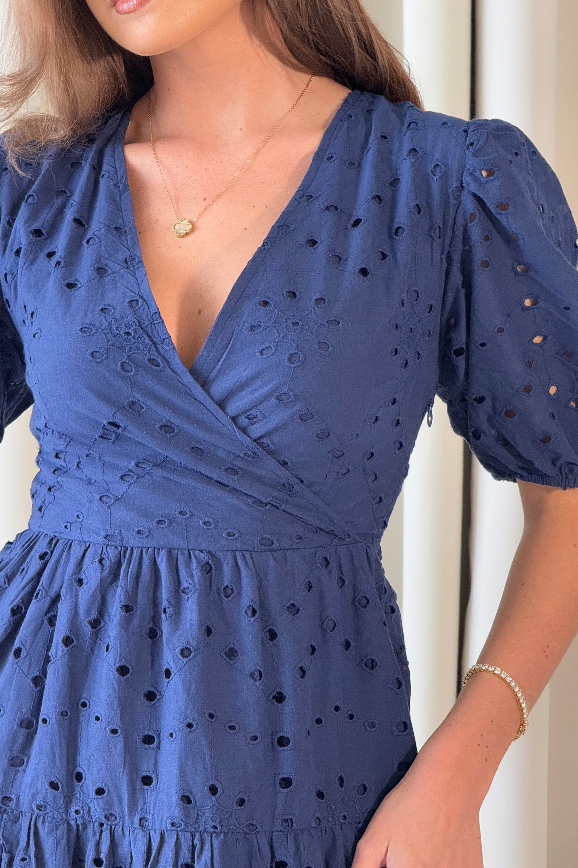 Daria Broidery Wrap Front Mini Dress Blue