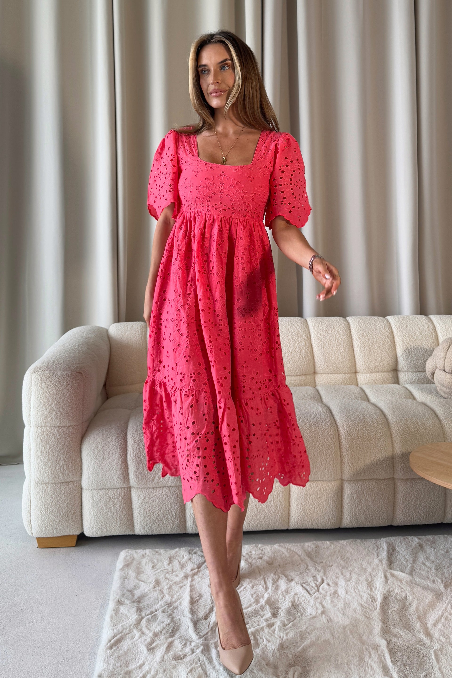 Aspen Broidery Tiered Midaxi Dress Coral
