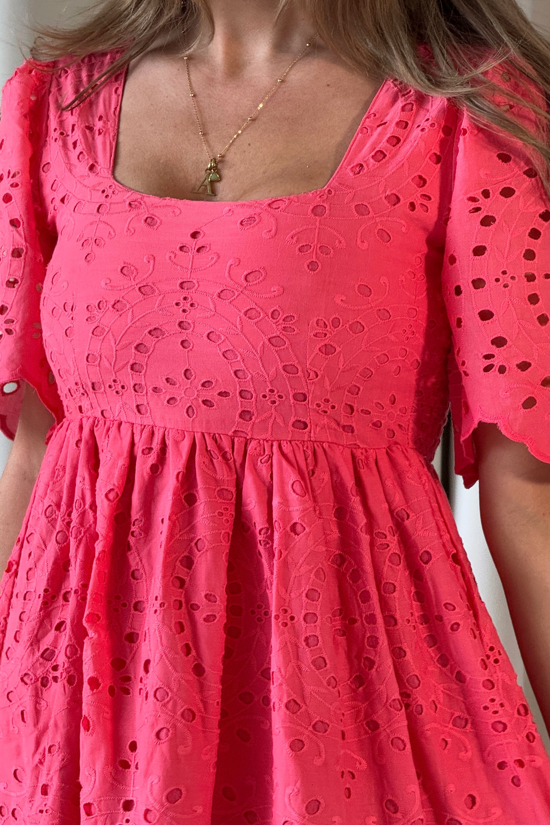 Aspen Broidery Tiered Midaxi Dress Coral