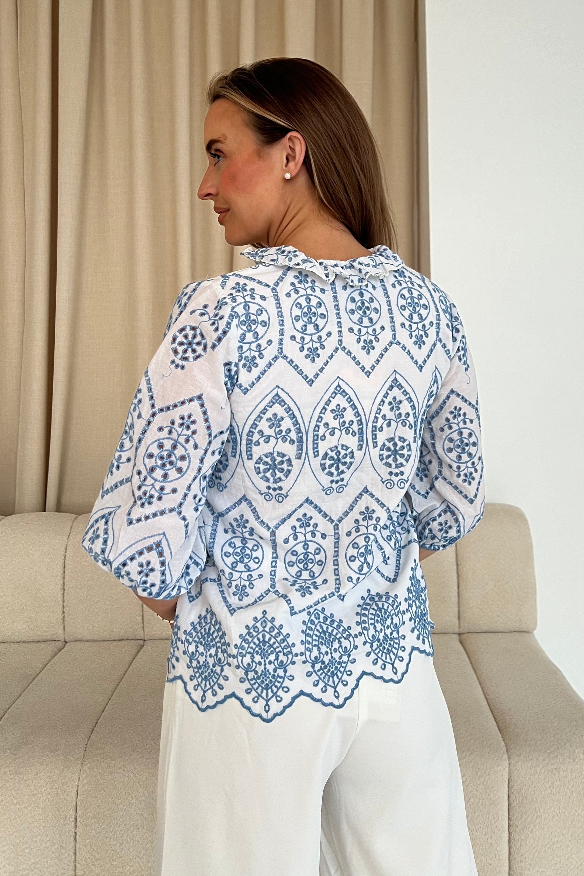 Kate Two Tone Cotton Broidery V Neck Blouse